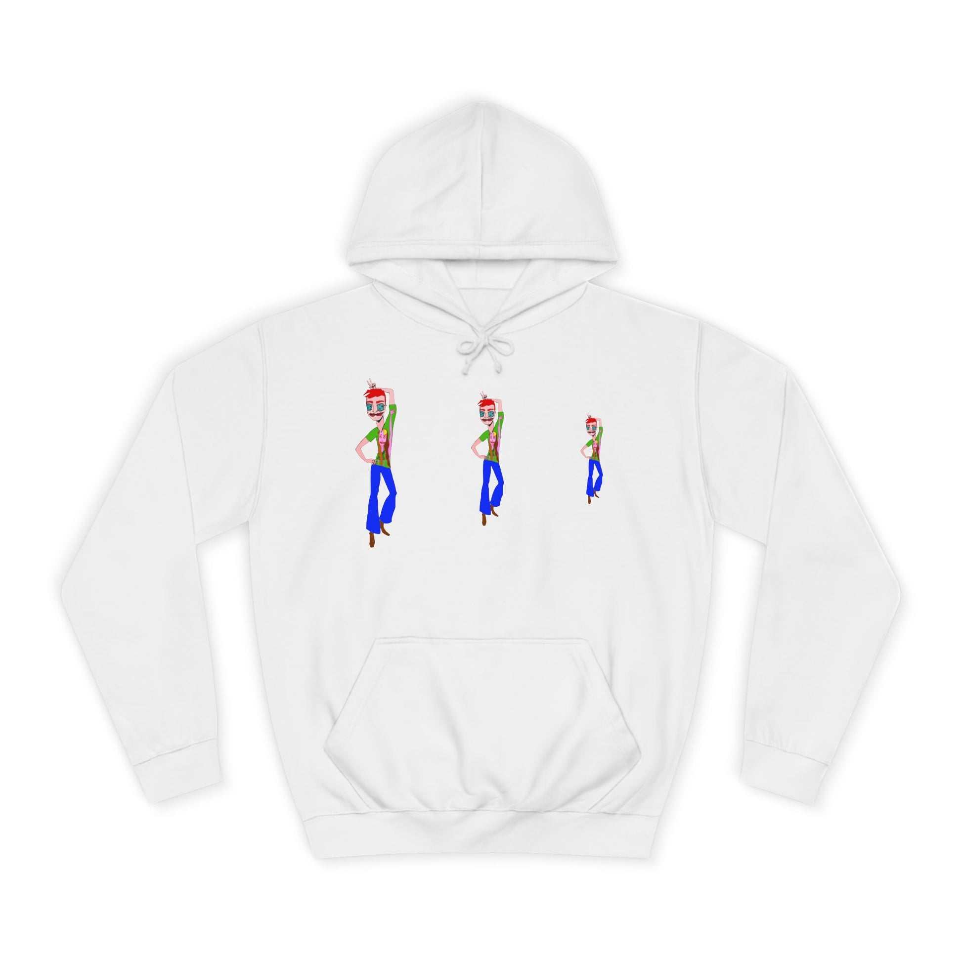 White TeeMan graphic hoodie with three illustrated characters, front view.