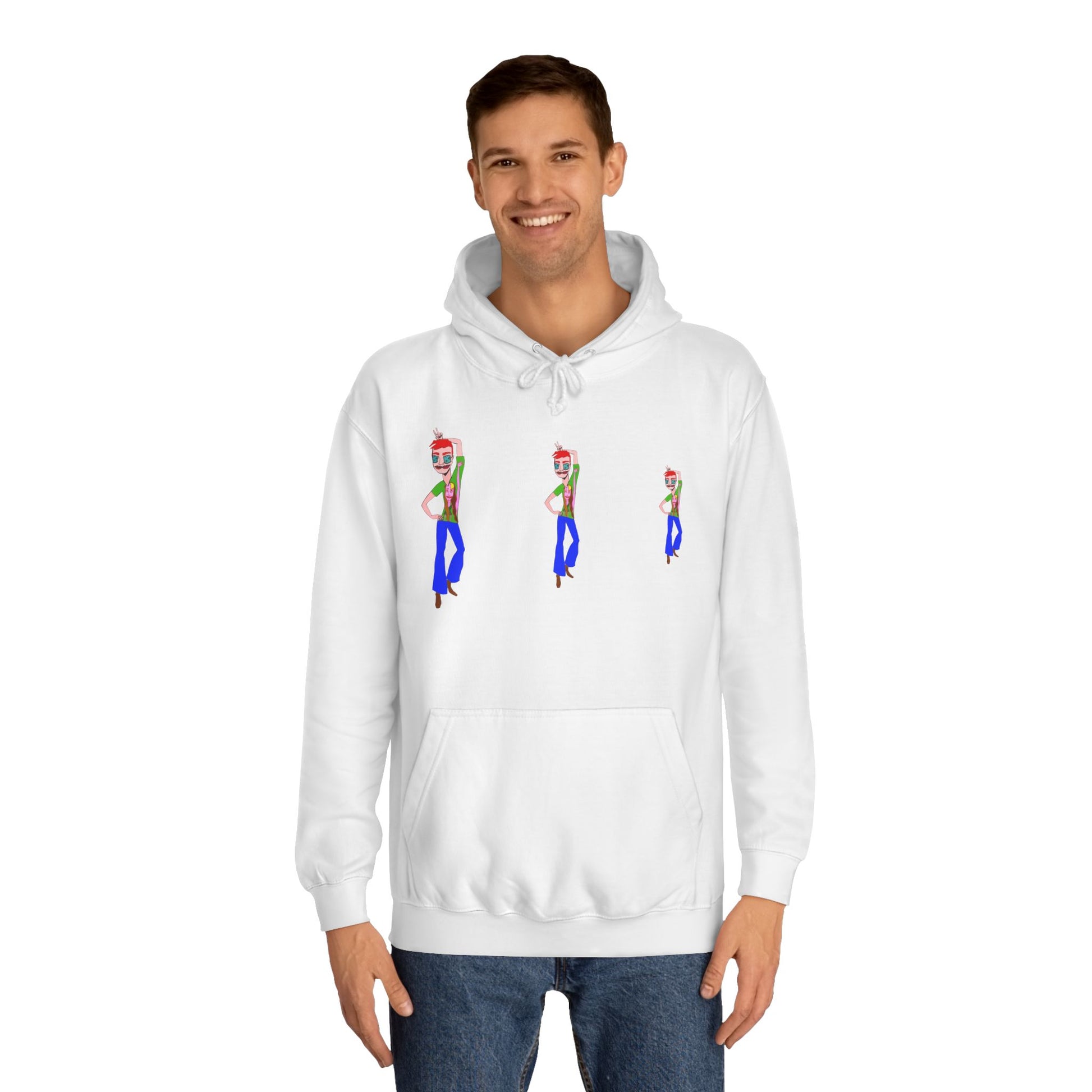 Man wearing a white TeeMan graphic hoodie with colorful illustrated character artwork.