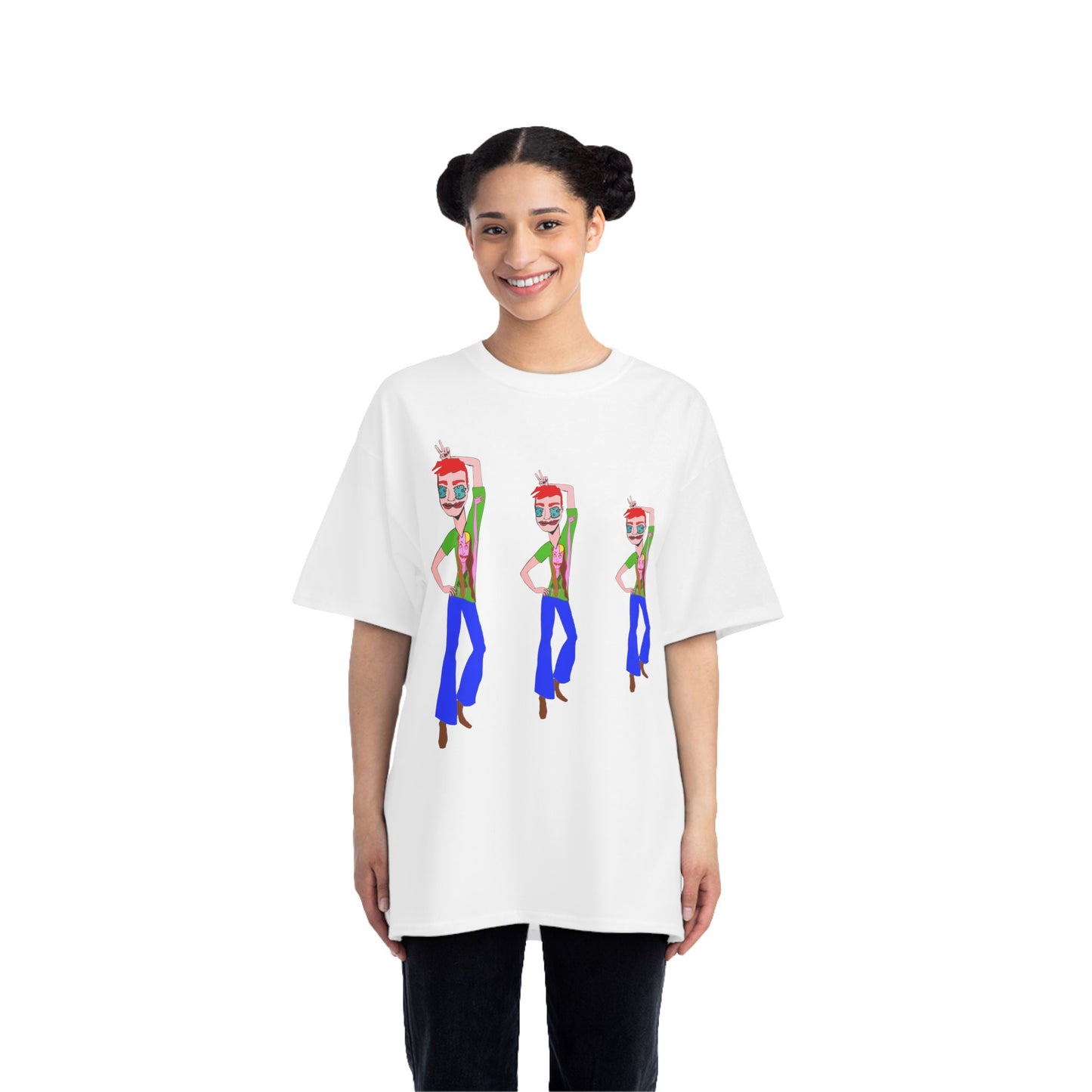 Female model wearing the TeeMan Graphic T-Shirt with colorful illustrated artwork from the Sketchbook Collection.