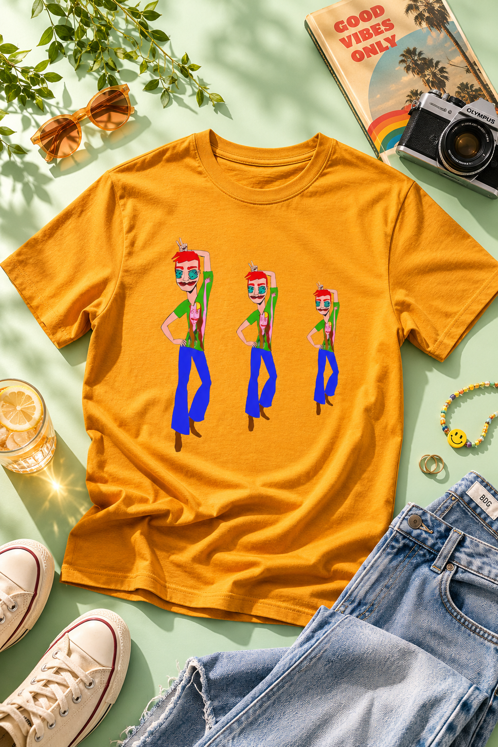 Editorial flat-lay photography of the TeeMan Graphic T-Shirt on a soft pastel green background with lifestyle accessories.