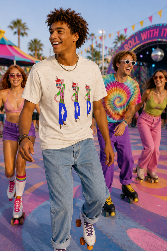 Gen Z model wearing the TeeMan Graphic T-Shirt at a colorful roller skating festival with friends in an editorial lifestyle scene.