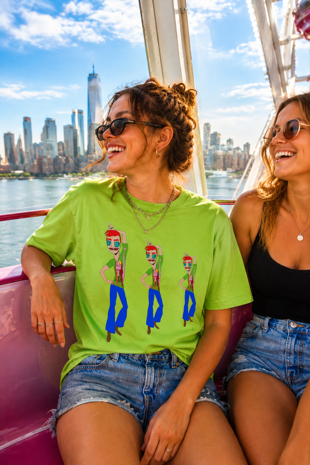 Young woman wearing the TeeMan Graphic T-Shirt while relaxing by the waterfront in a colorful editorial lifestyle scene.