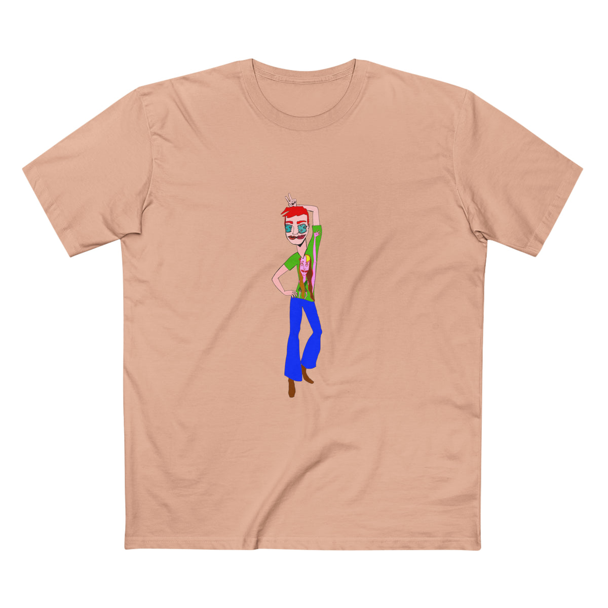 TeeMan men’s graphic T-shirt in peach featuring original character artwork, front view