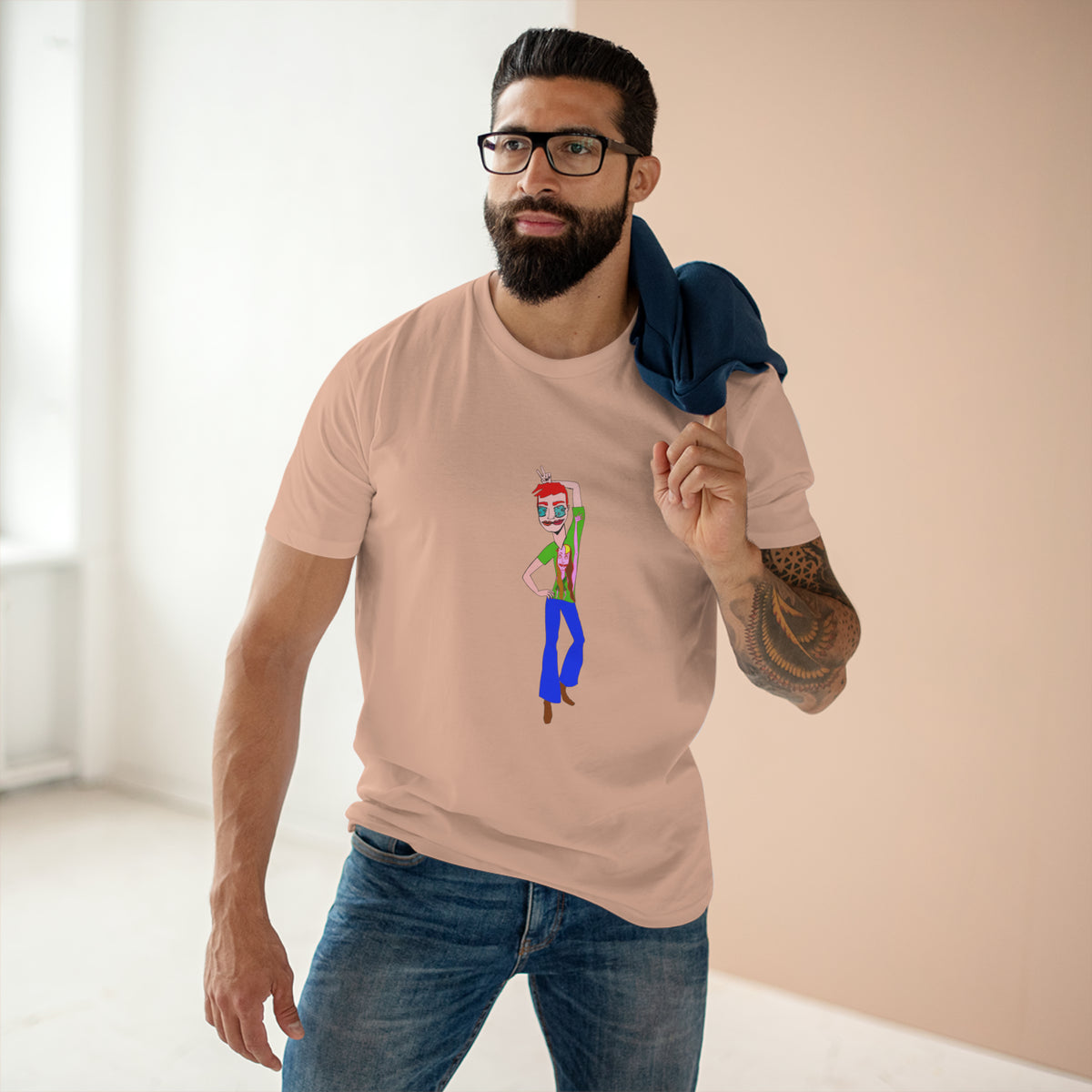 Man wearing the TeeMan men’s graphic T-shirt in peach with original illustrated character design