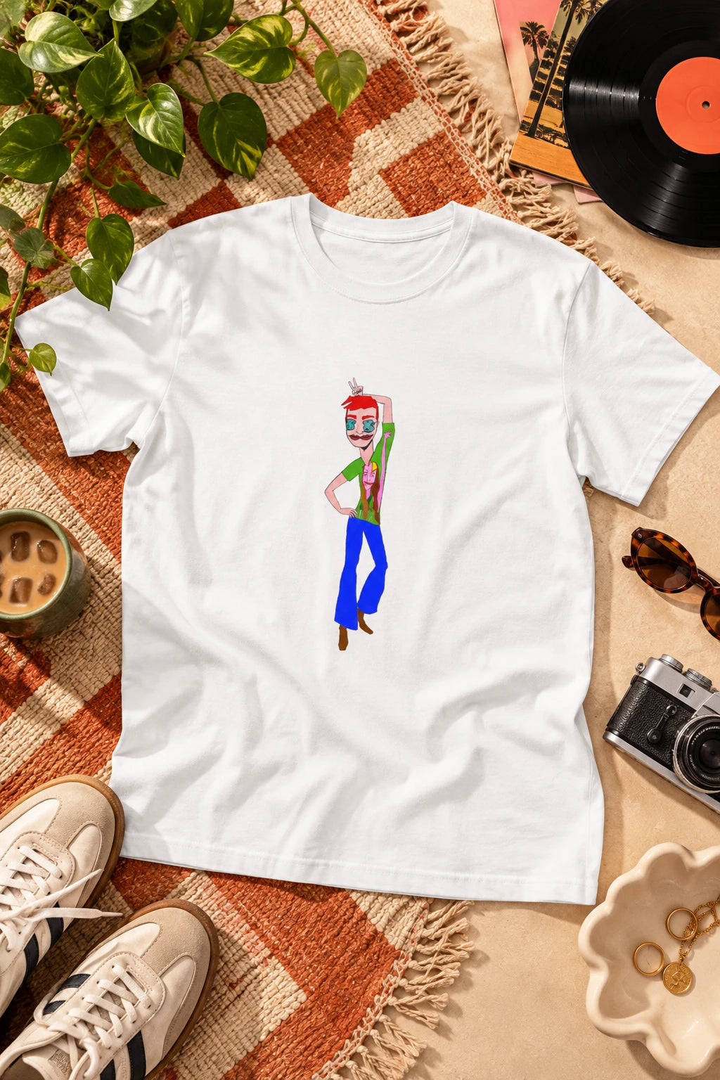 TeeMan men’s graphic T-shirt in white with original character artwork, editorial flat lay