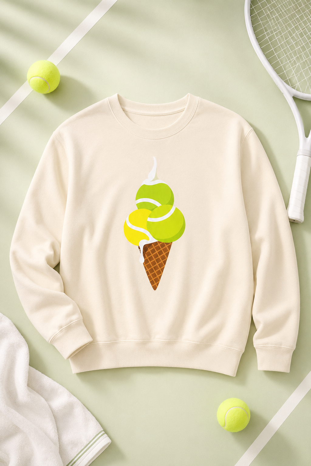 Cream tennis ball ice cream sweatshirt flat lay with tennis racket and tennis balls
