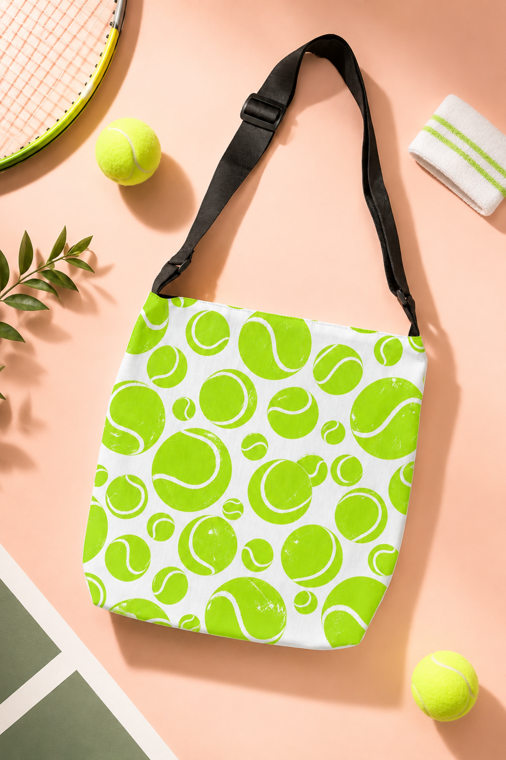 Neon green tennis ball pattern tote bag flat lay with tennis racket and ball