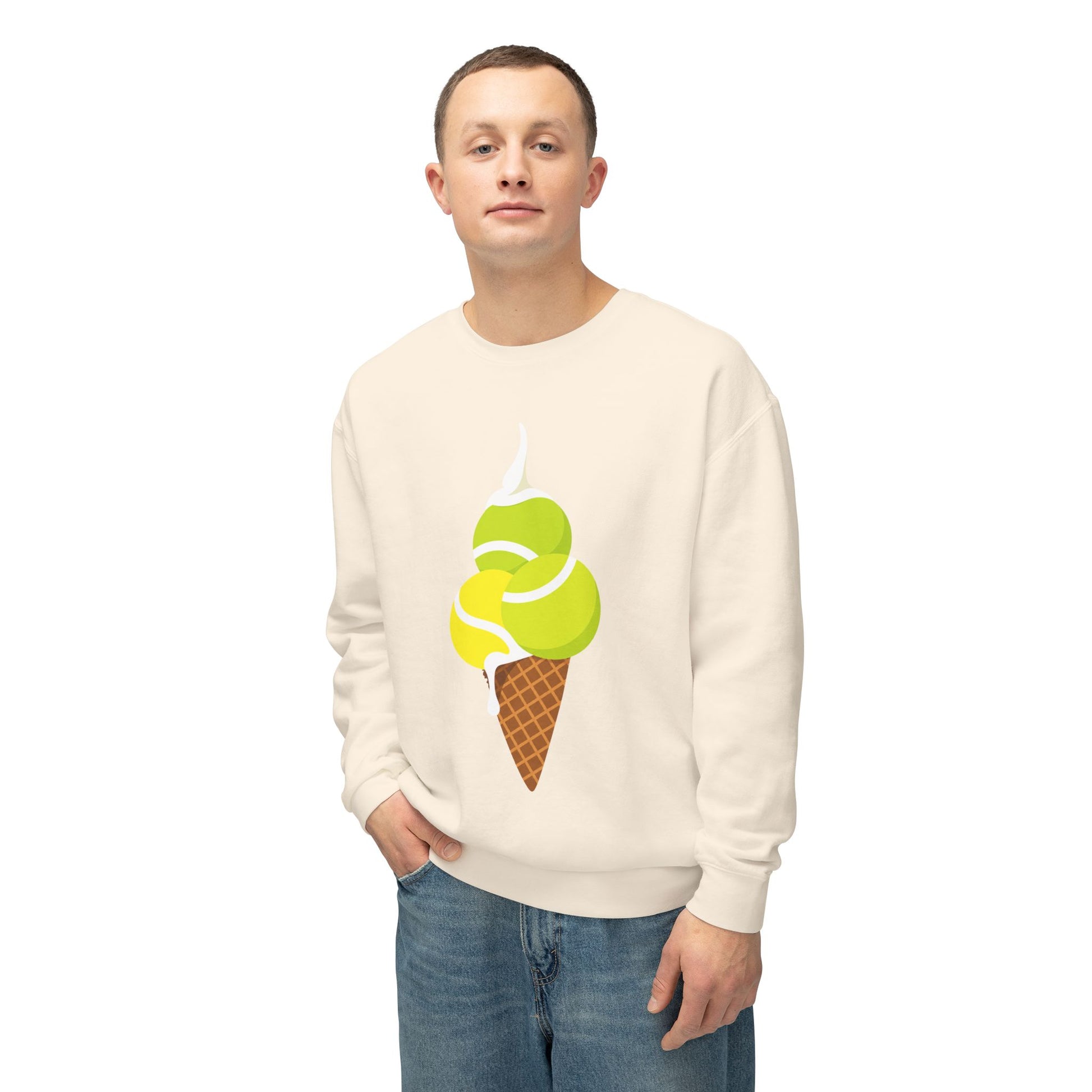 Woman wearing cream tennis ball sweatshirt with playful ice cream cone graphic