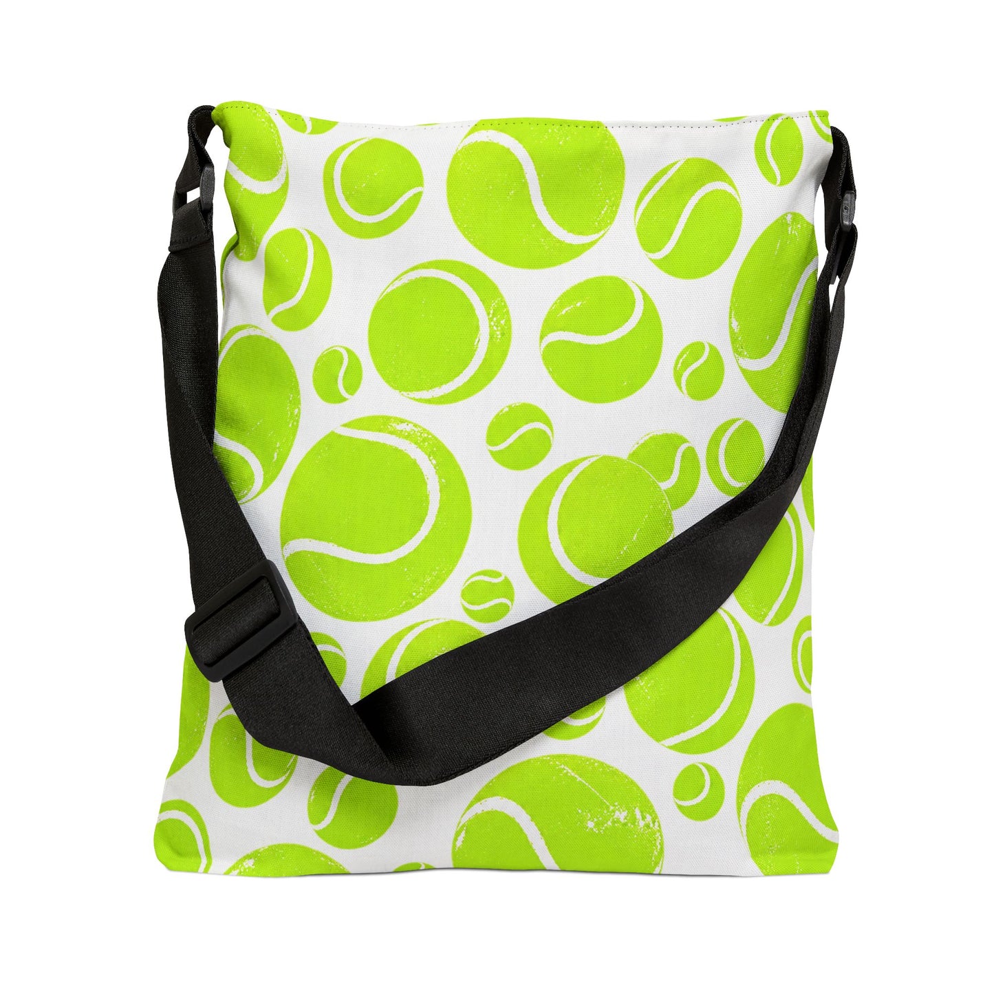 Neon green tennis ball tote bag showing adjustable black shoulder strap