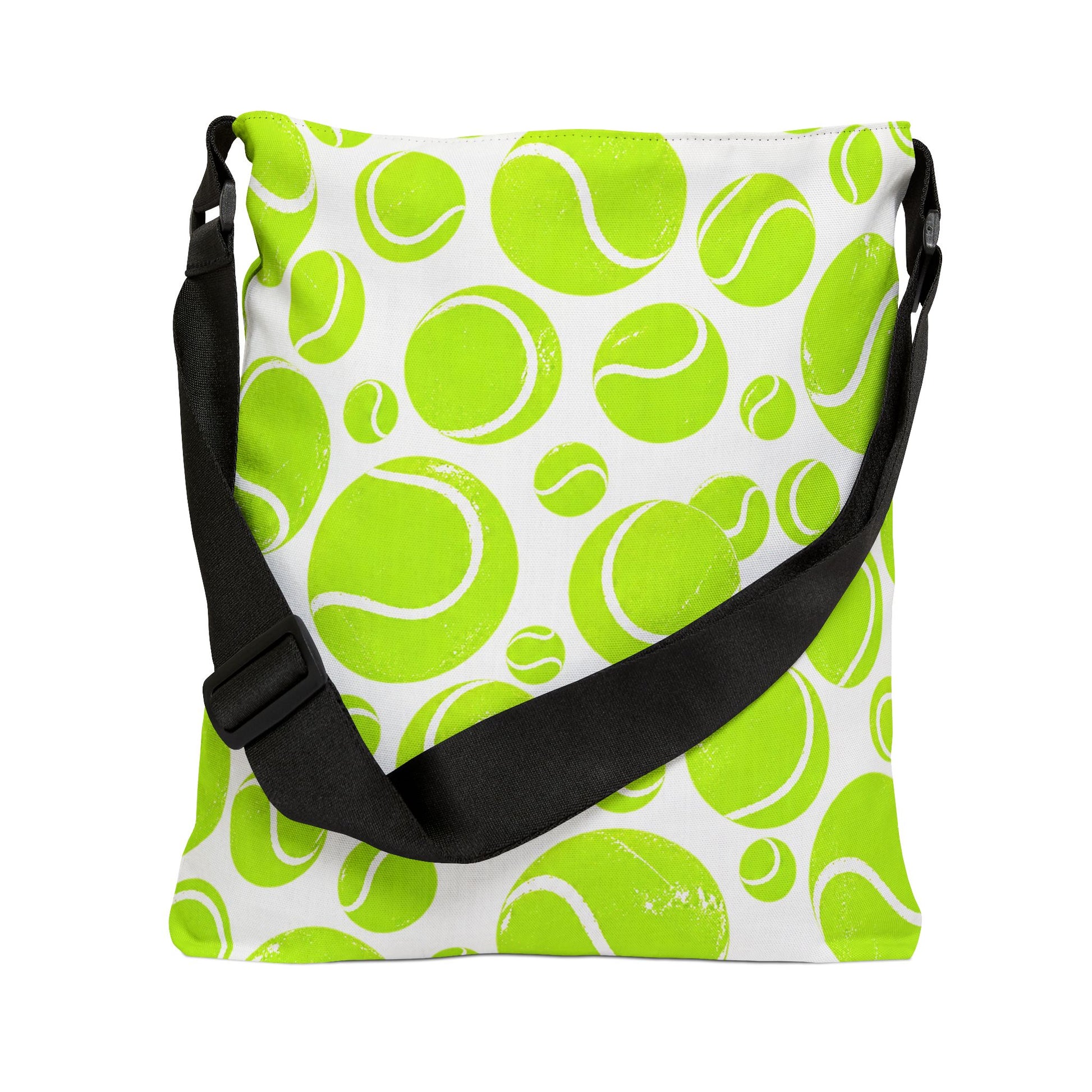Neon green tennis ball tote bag showing adjustable black shoulder strap