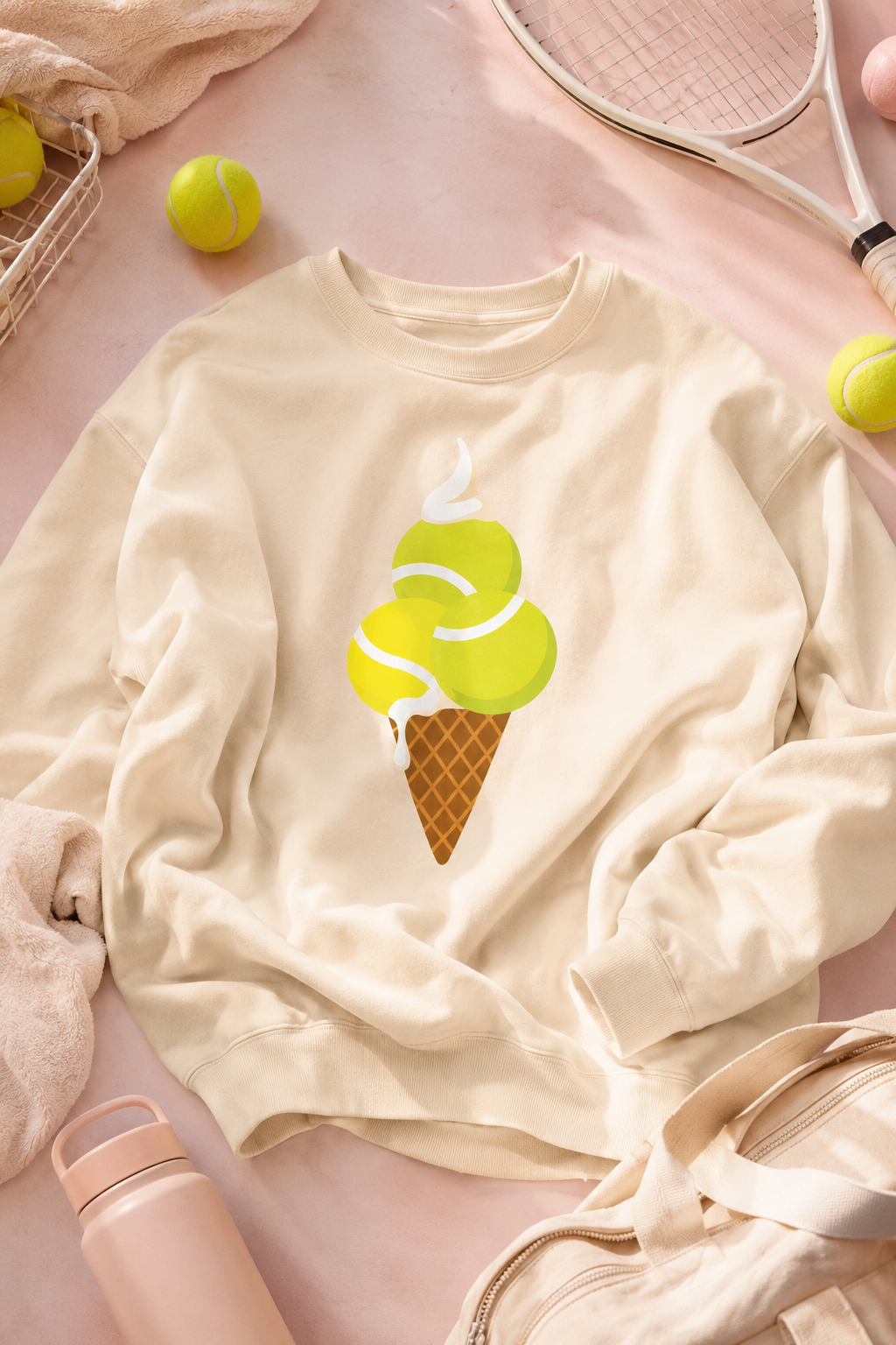 Cozy cream tennis graphic sweatshirt with tennis ball ice cream design in a sporty flat lay