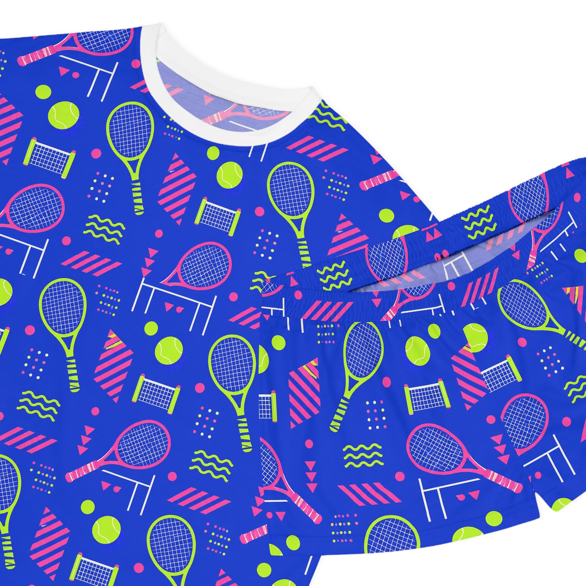 Close-up of colorful tennis racket and tennis ball pattern on women’s pajama set