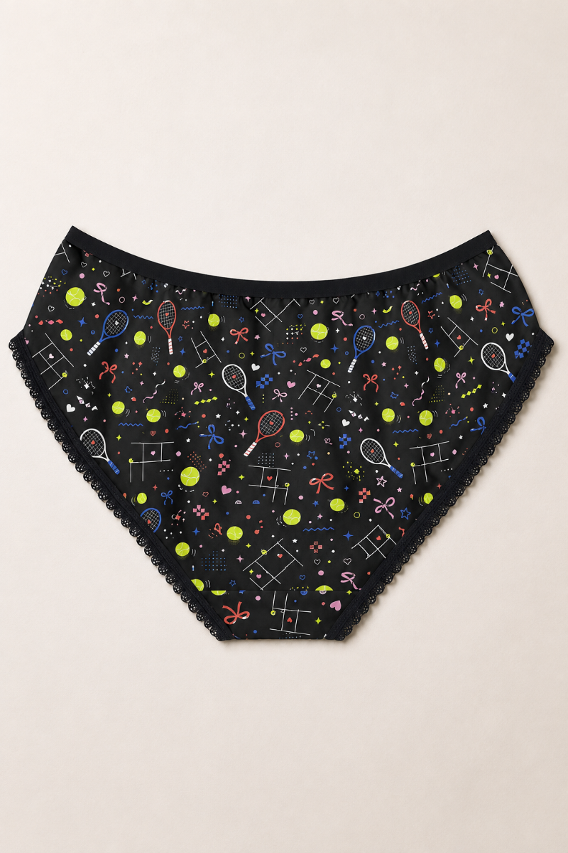 Black tennis print women’s underwear flat lay back view with colorful tennis-inspired all-over pattern
