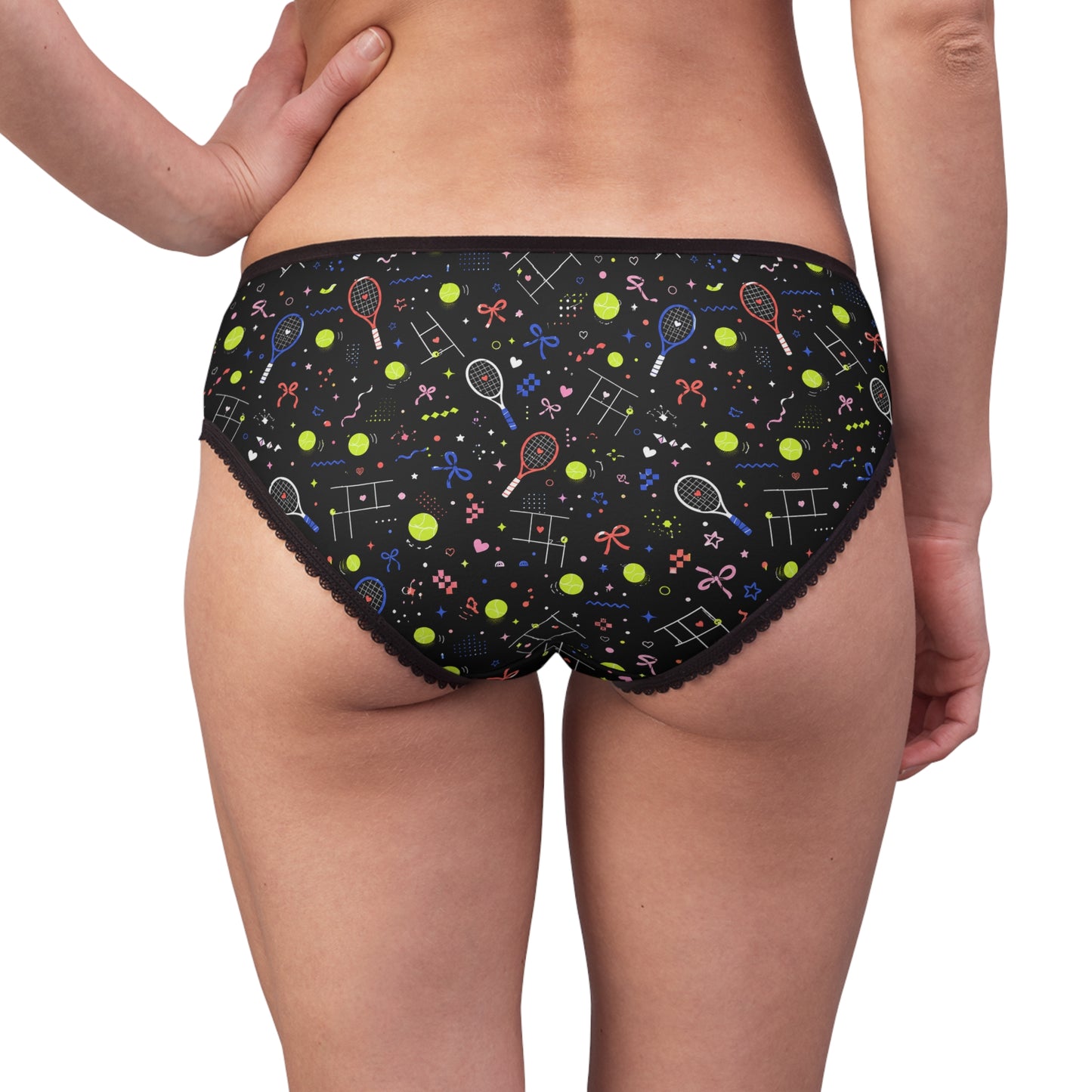 Female model wearing black tennis print women’s underwear, back view