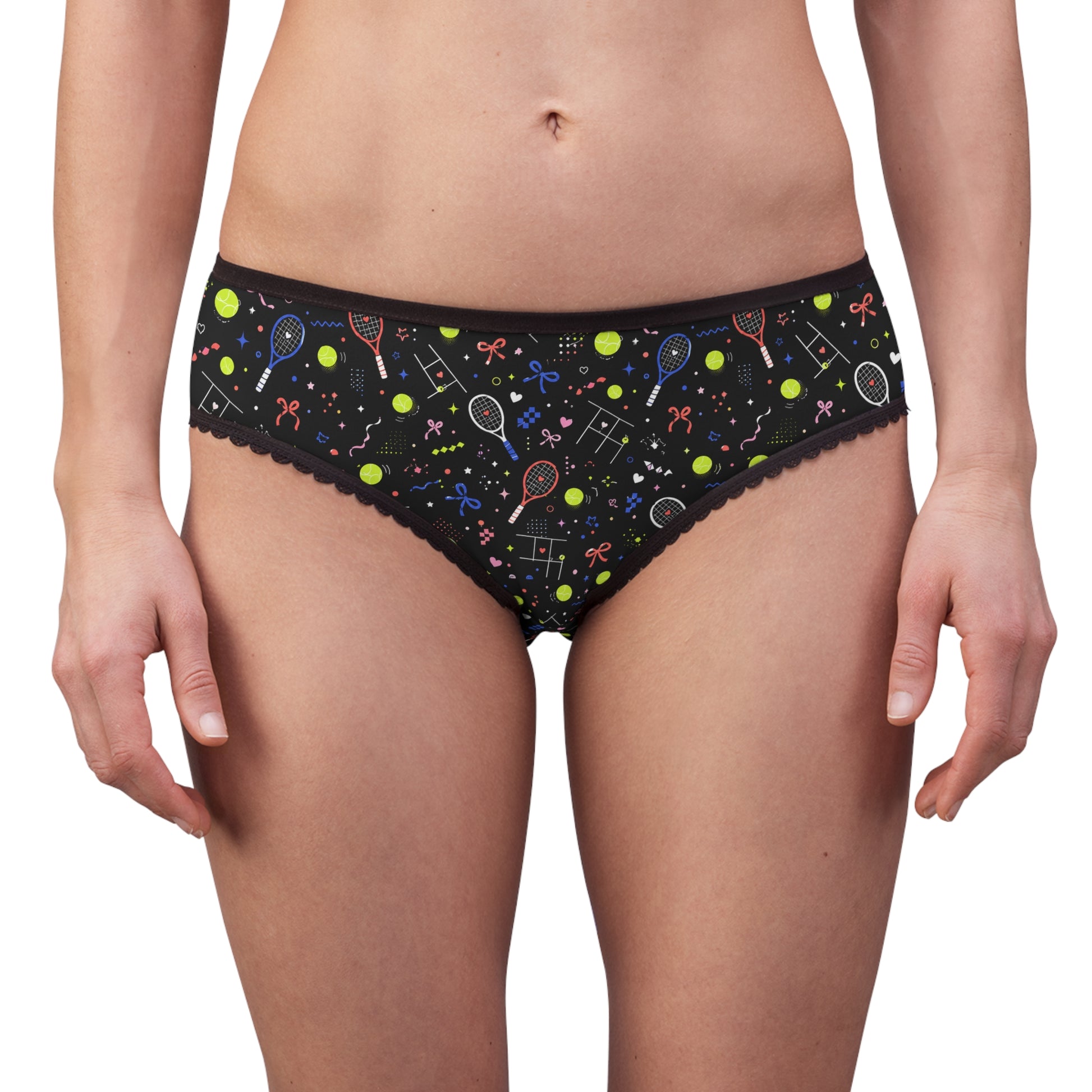 Female model wearing black tennis print women’s underwear, front view
