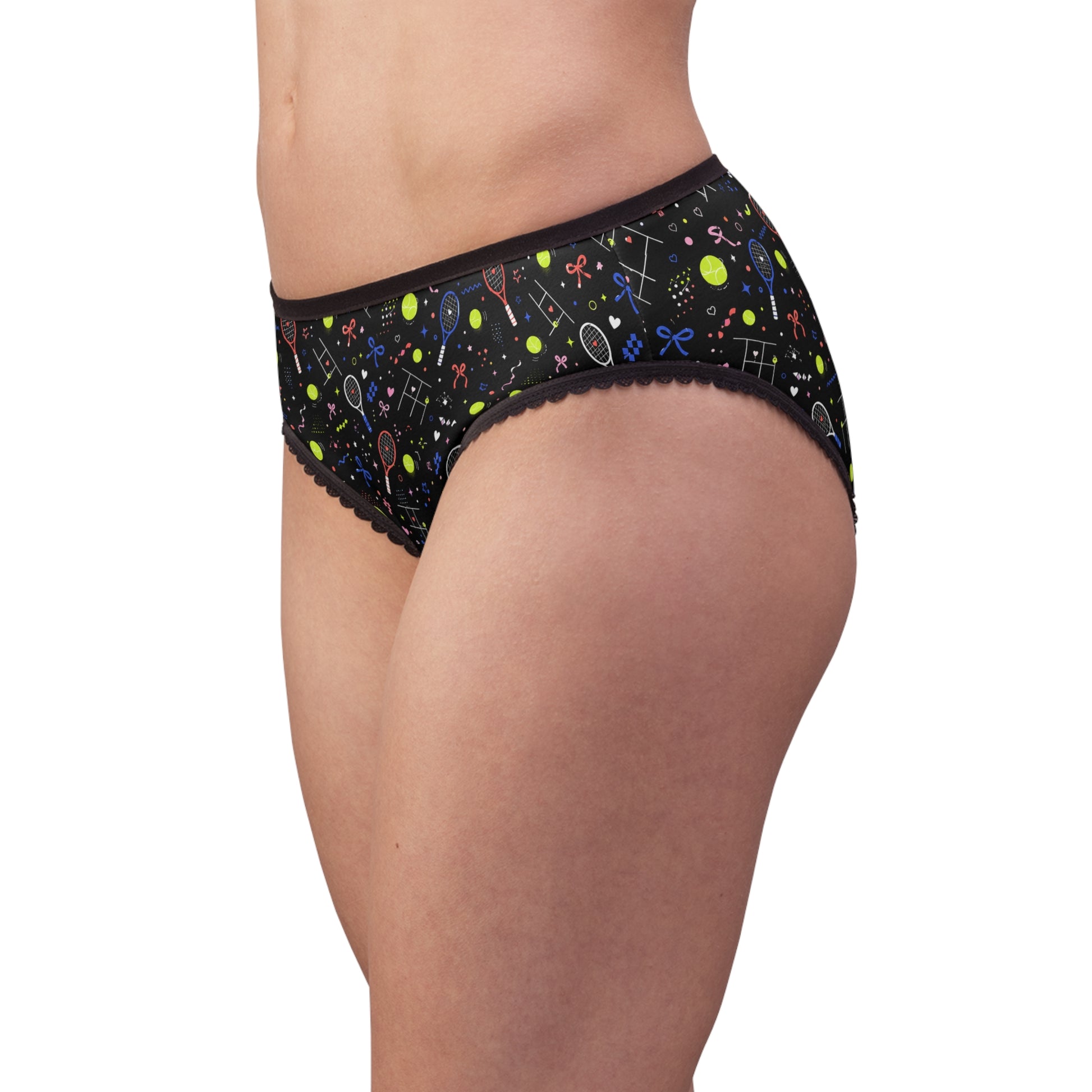 Female model wearing black tennis print women’s underwear, side view