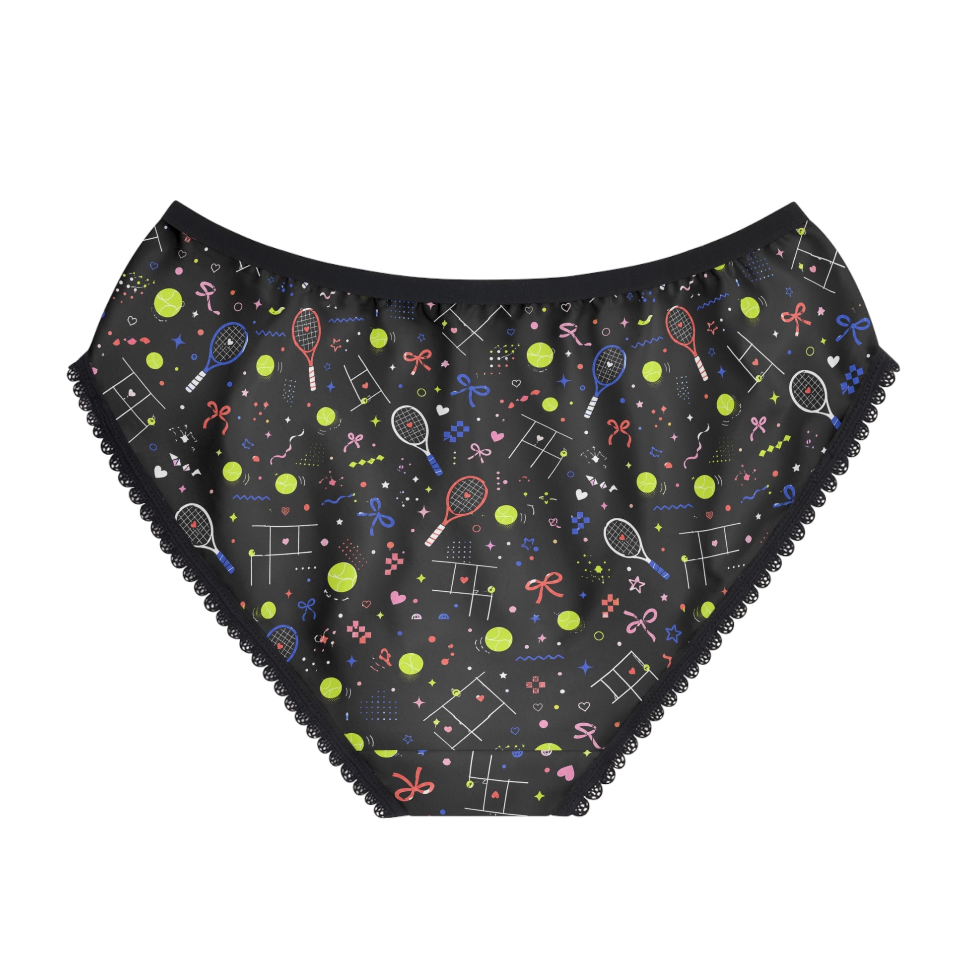 Back view of black tennis print women’s briefs with colorful all-over tennis pattern