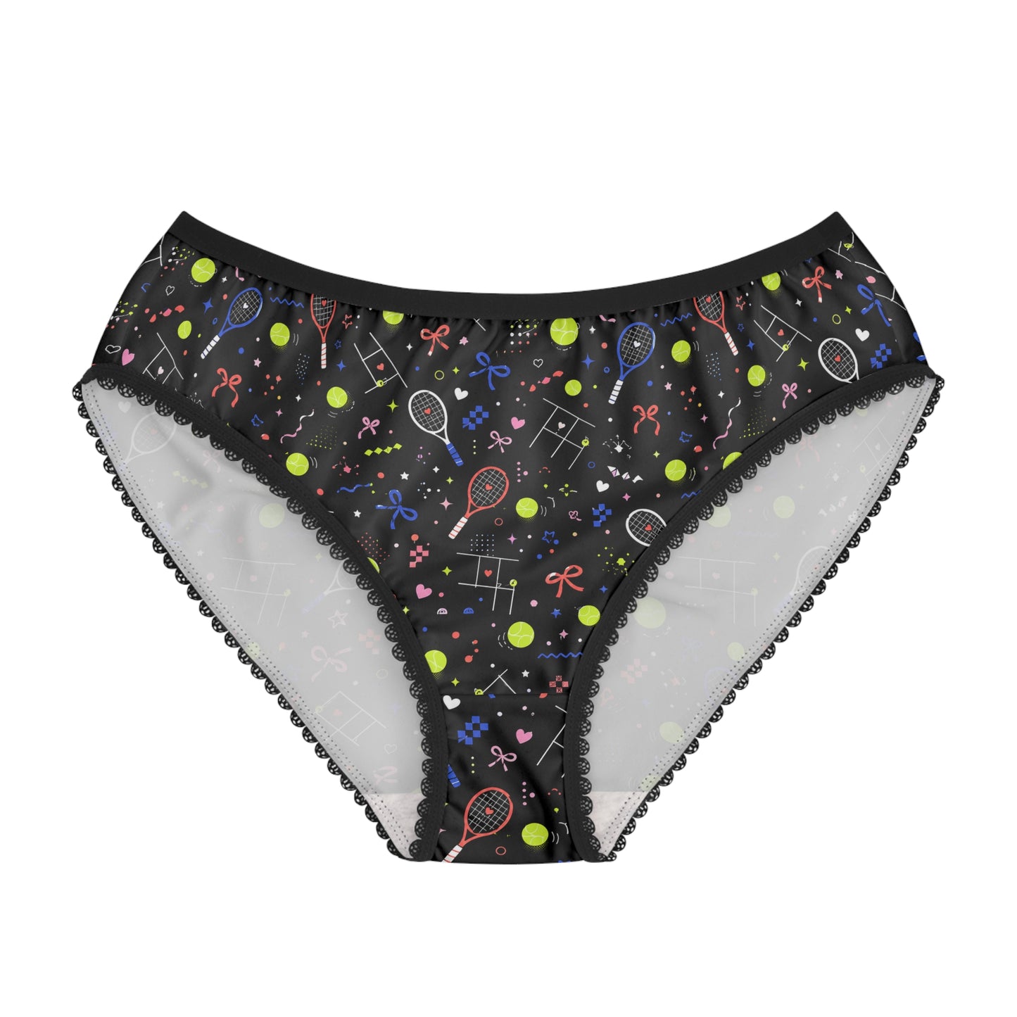 Black women’s tennis print briefs with colorful tennis balls, rackets and court-inspired graphics