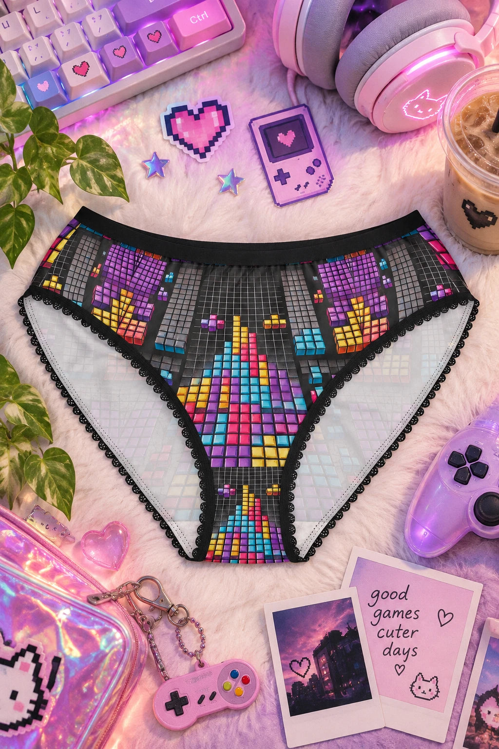 The Tetris Panty women’s briefs in a colorful retro gaming lifestyle flat lay with black trim
