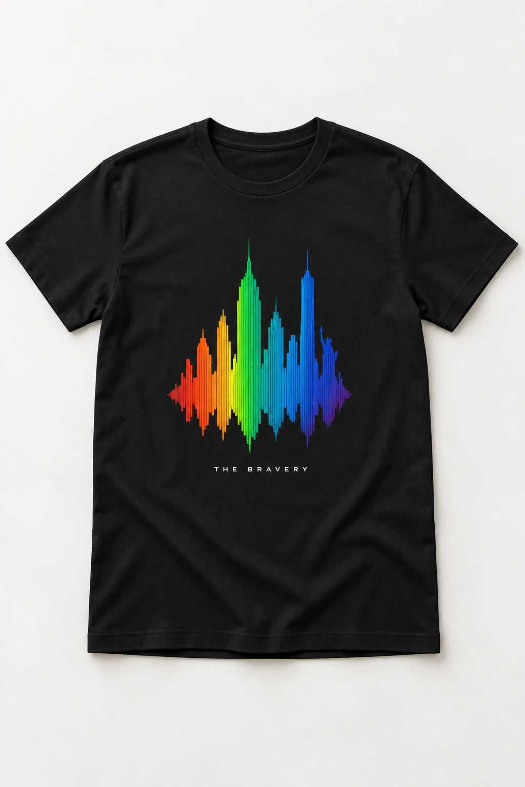Black The Bravery band T-shirt flat lay with colorful NYC soundwave skyline graphic on front