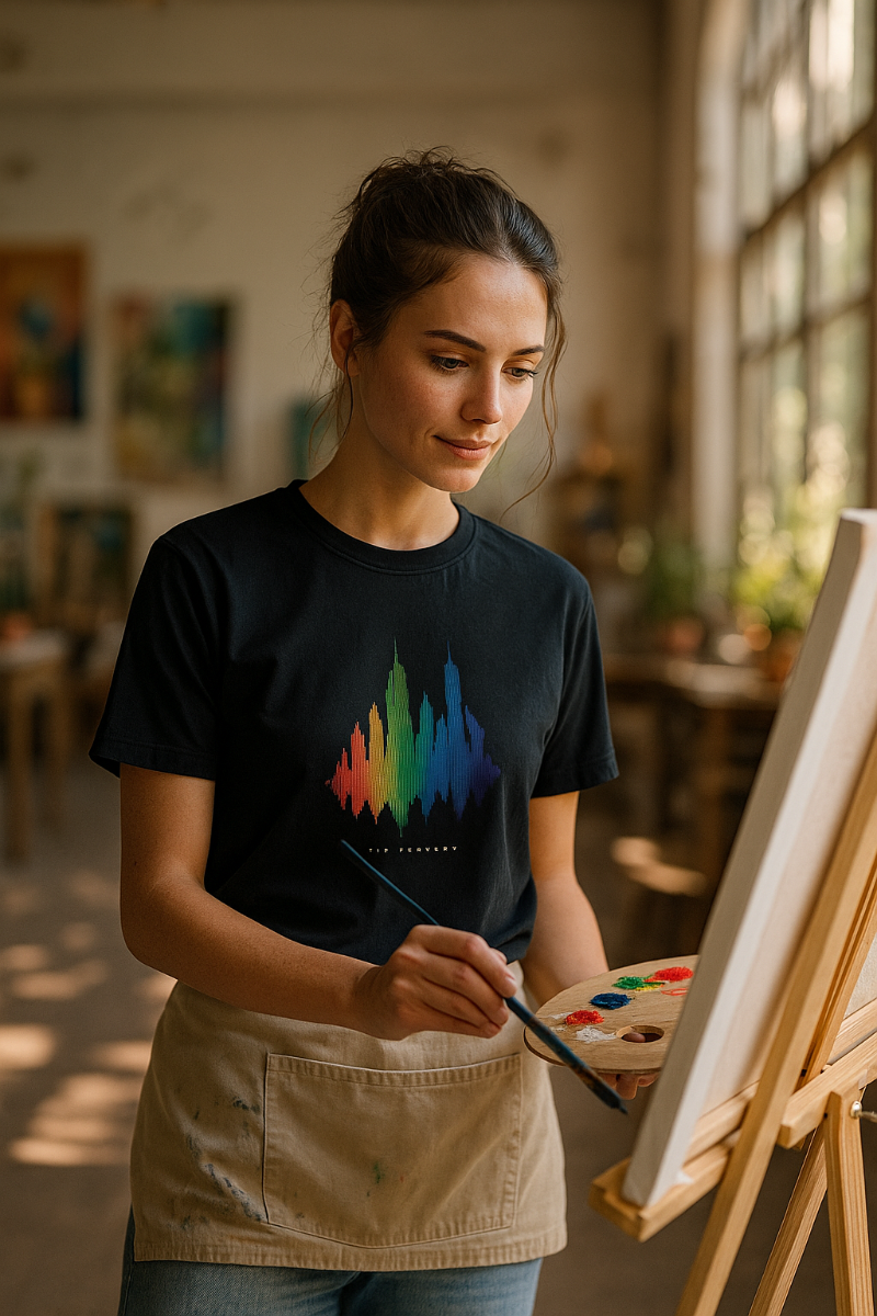 Woman wearing The Bravery graphic T-shirt while working at an easel in a creative studio