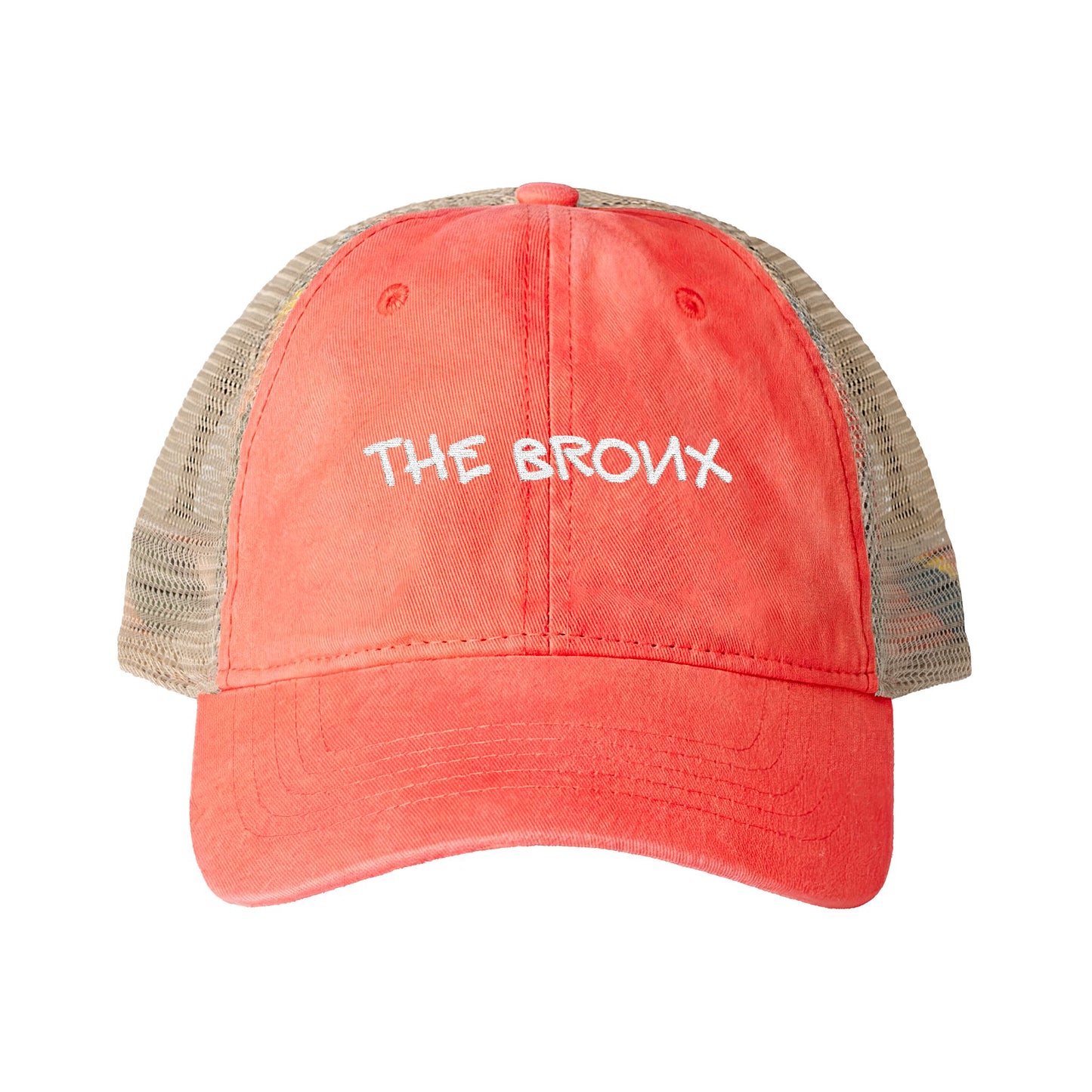 Front view of The Bronx coral embroidered trucker hat.