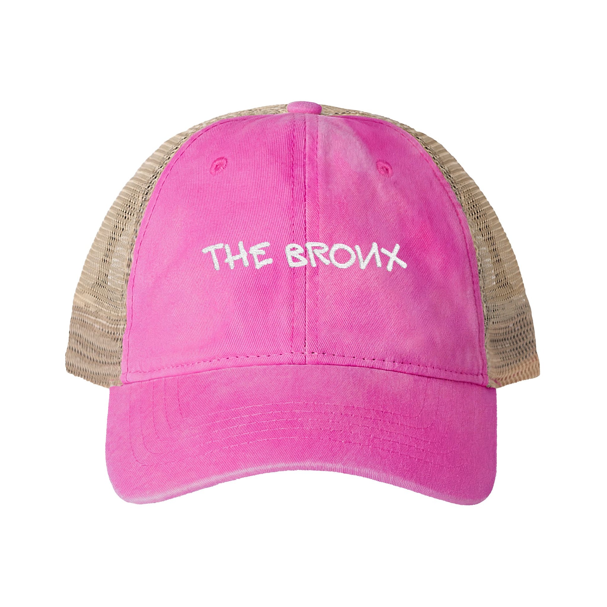 Front view of The Bronx hot pink embroidered trucker hat.