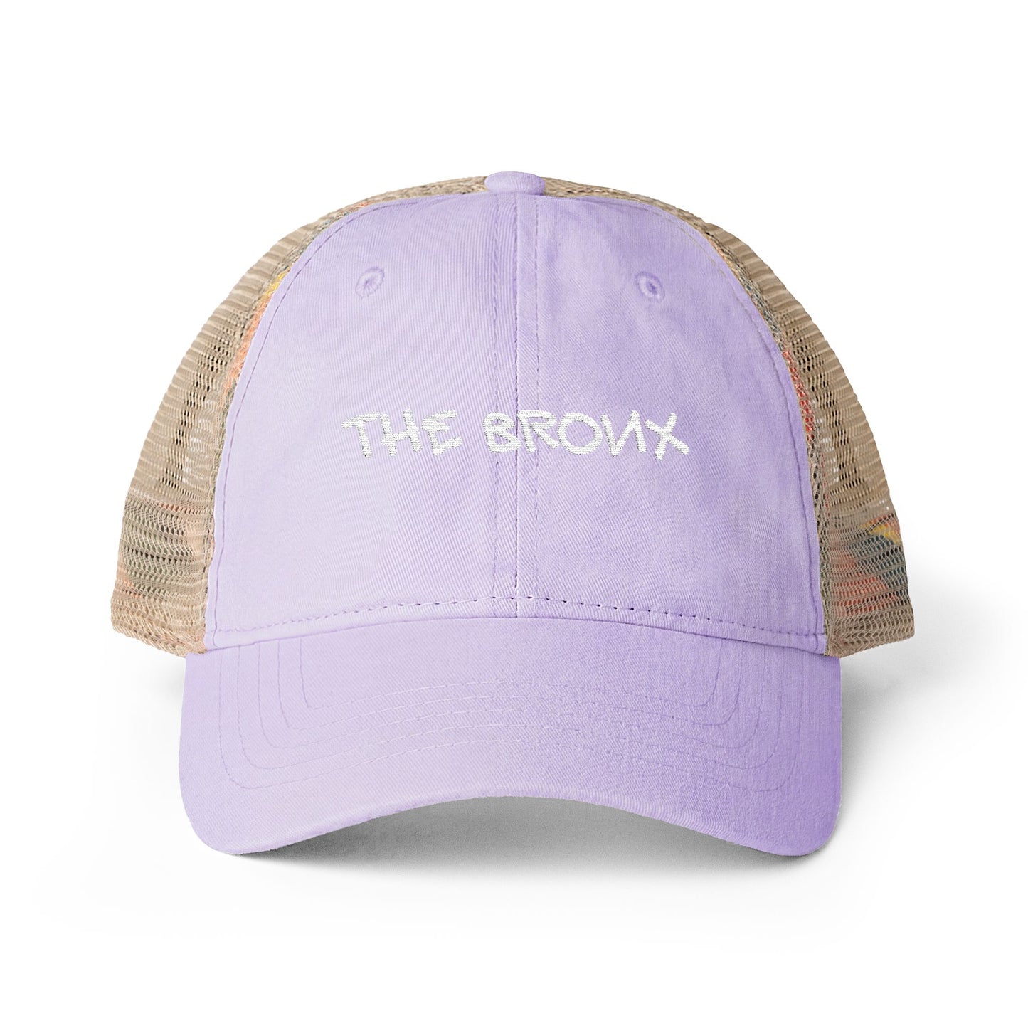 Front view of The Bronx lavender vintage trucker hat.