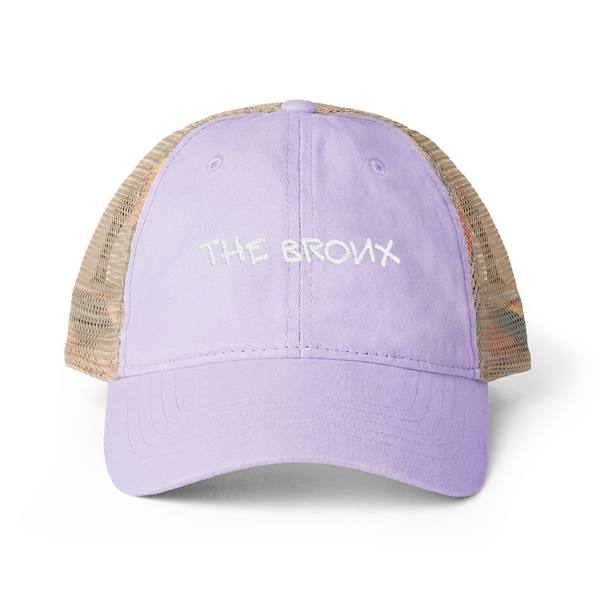 Front view of The Bronx lavender vintage trucker hat.