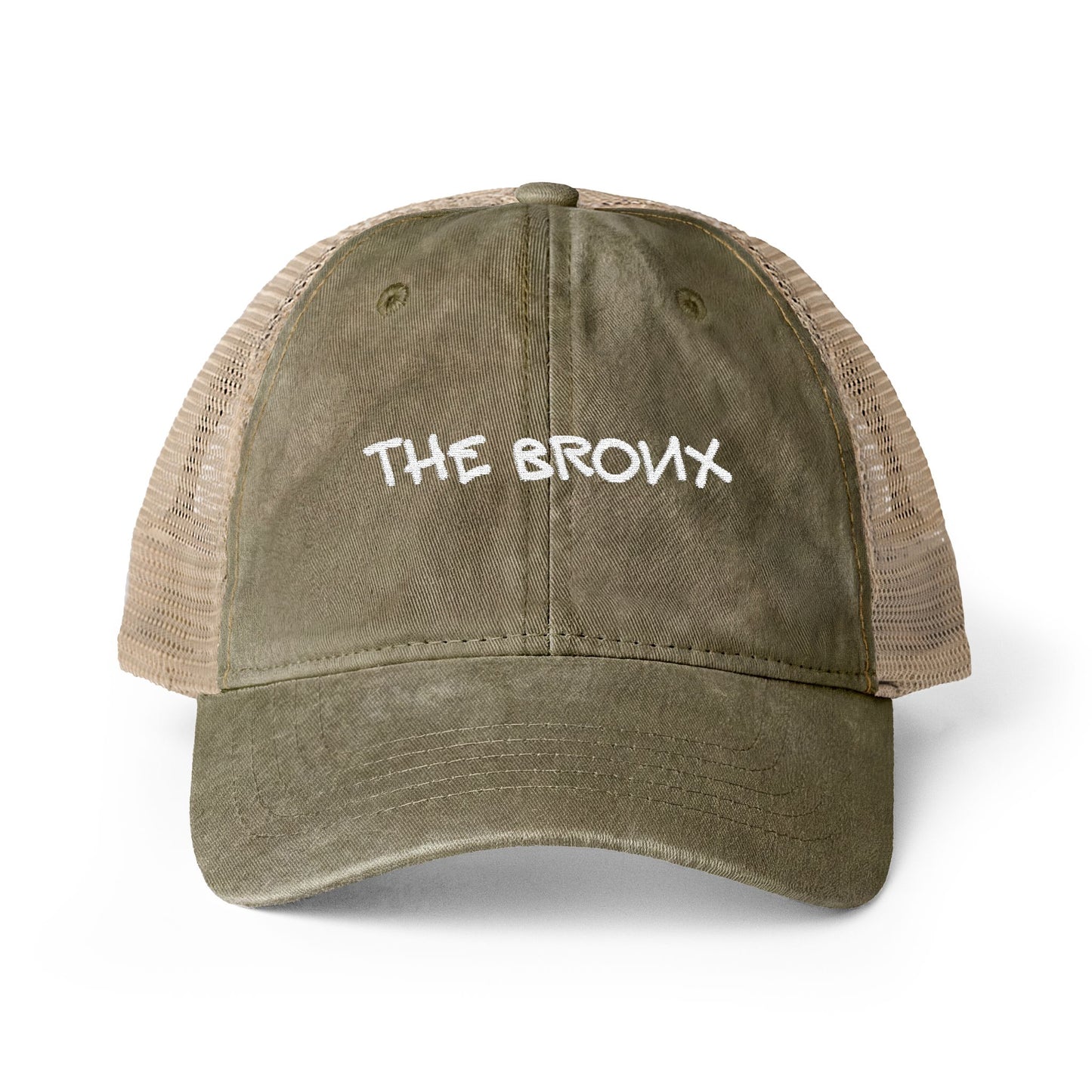 Front view of The Bronx olive green embroidered trucker hat.
