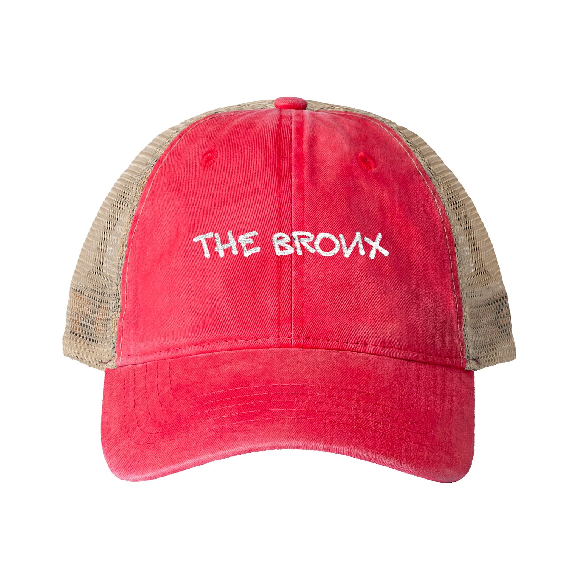Front view of The Bronx vintage red embroidered trucker hat.