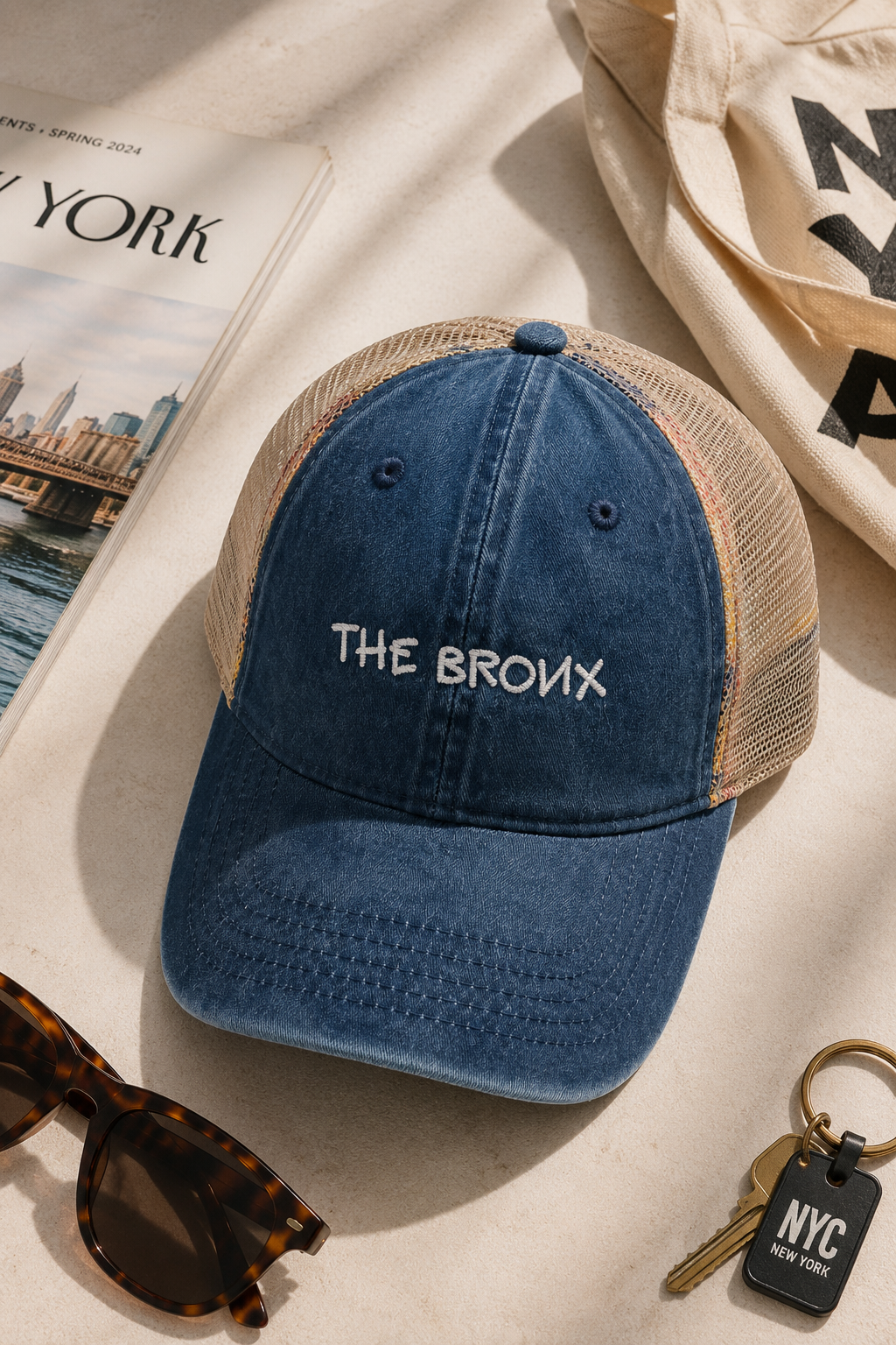 Flat lay of The Bronx vintage blue trucker hat with embroidered lettering