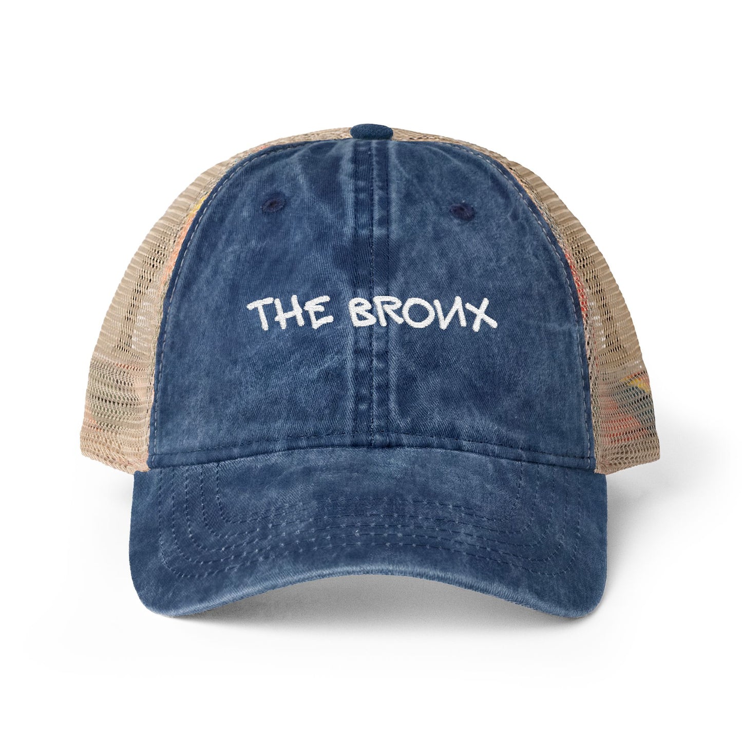 Front view of The Bronx vintage blue embroidered trucker cap
