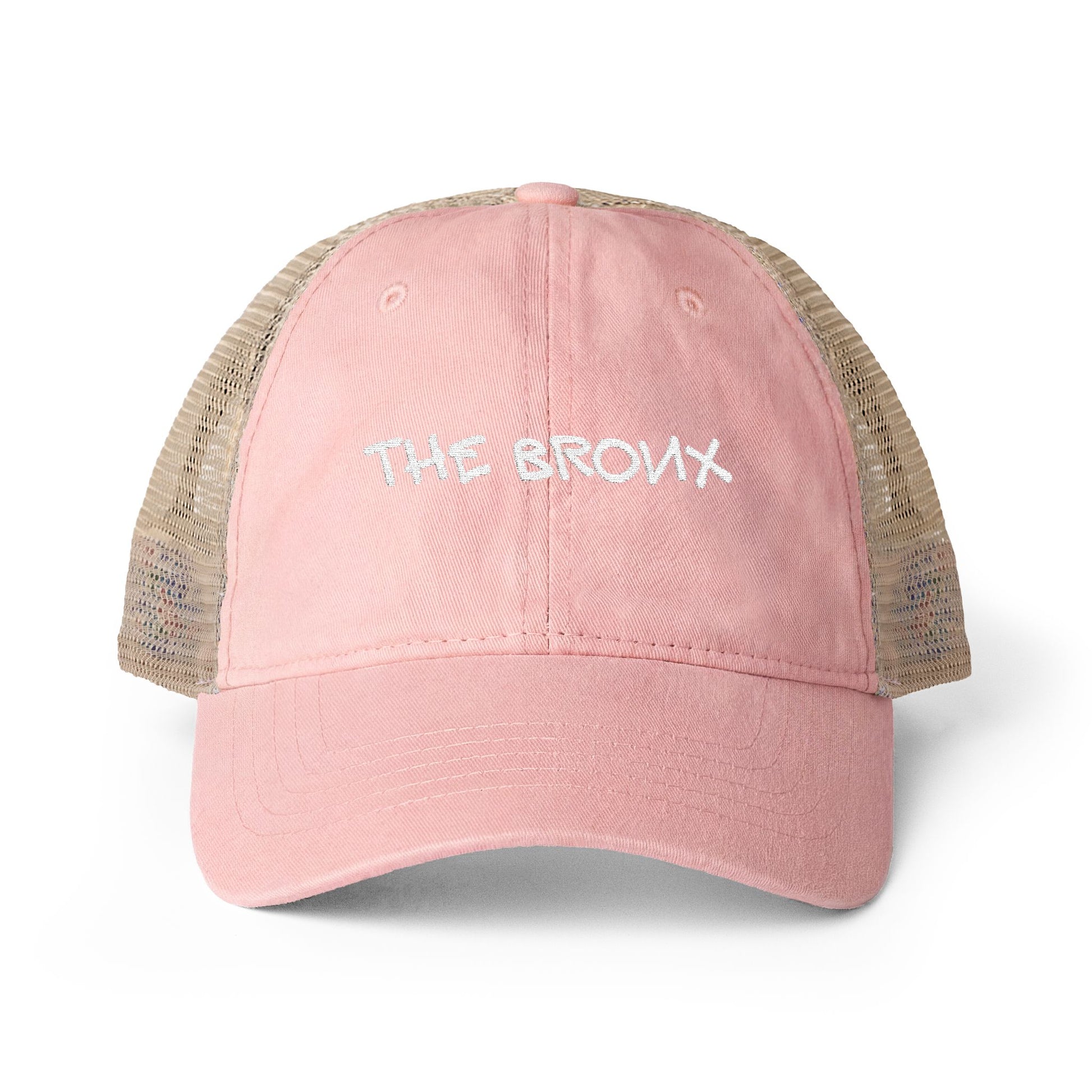 Front view of The Bronx vintage pink embroidered trucker hat.