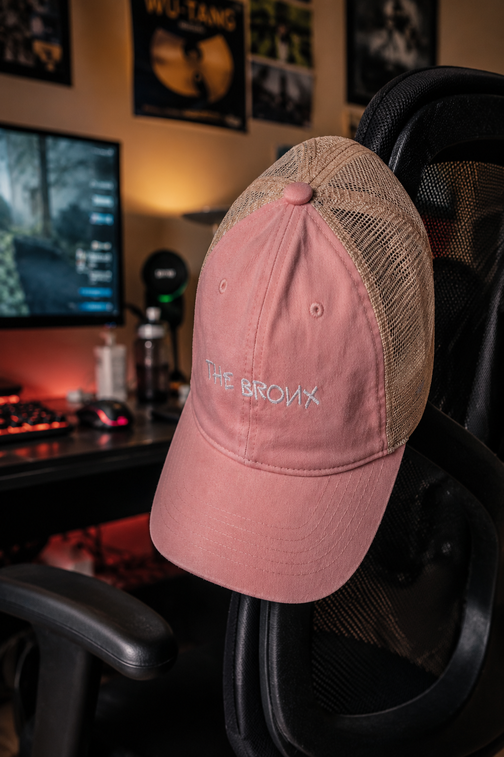 Front view of The Bronx vintage pink embroidered trucker cap