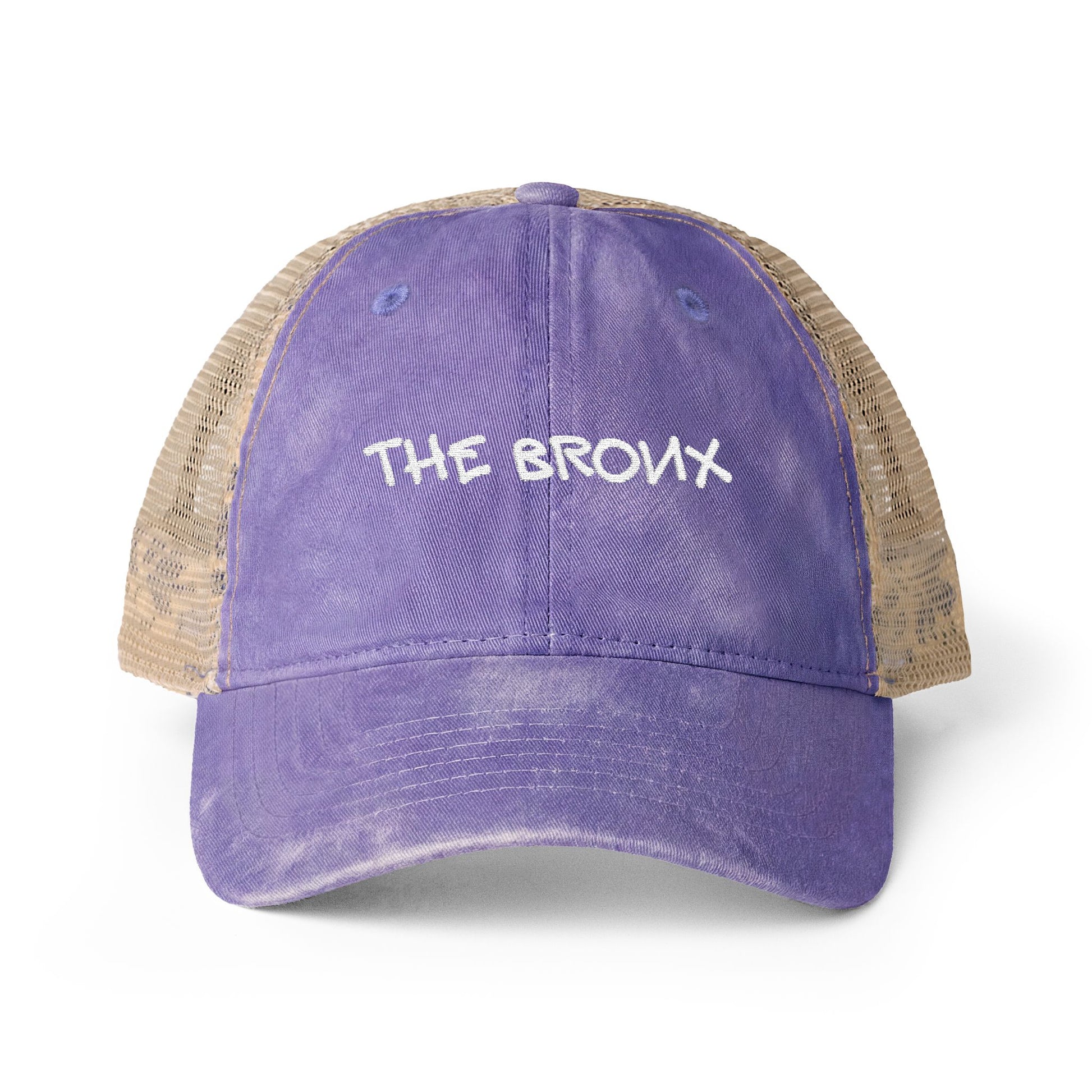 Front view of The Bronx vintage purple embroidered trucker hat.