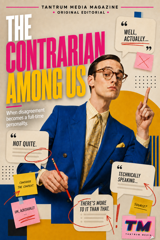 The Contrarian Among Us editorial cover featuring a smug man in a blue suit raising one finger amid “well, actually” speech bubbles and correction notes, editorial