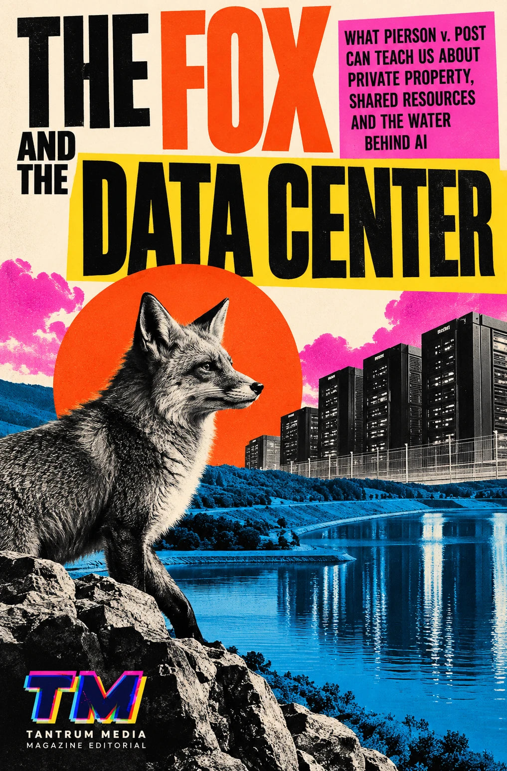 Editorial cover for “The Fox and the Data Center” featuring a fox, AI data center servers and water imagery exploring property law, shared resources and AI infrastructure.