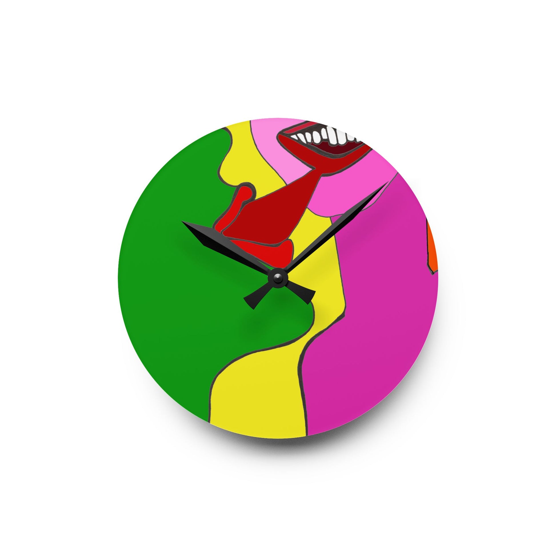 The Kiss colorful round acrylic wall clock featuring original artwork by NYC artist @socialtantrum