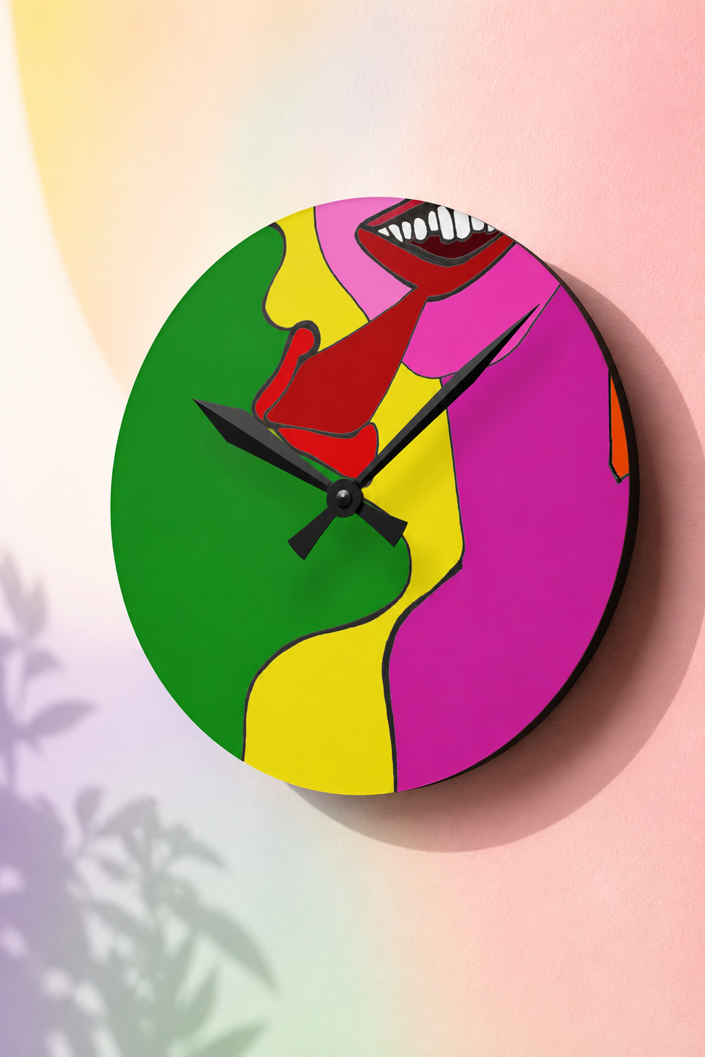 The Kiss pop art wall clock close-up on a soft pastel gradient wall