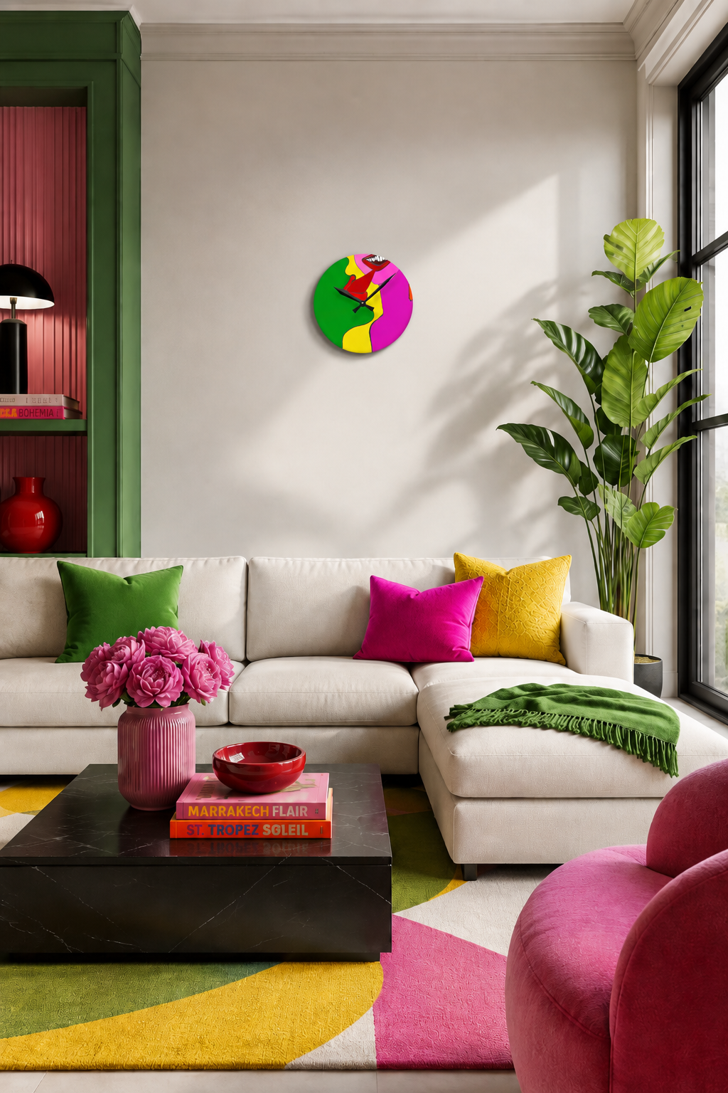 The Kiss colorful wall clock displayed in a modern living room with pink, green and yellow decor