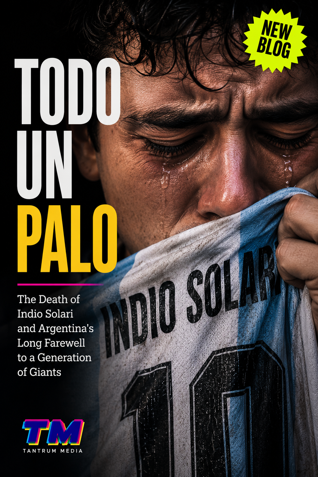 Crying young Argentine fan kissing an Argentina jersey marked Indio Solari number 10, symbolizing national grief, memory, music, and cultural identity