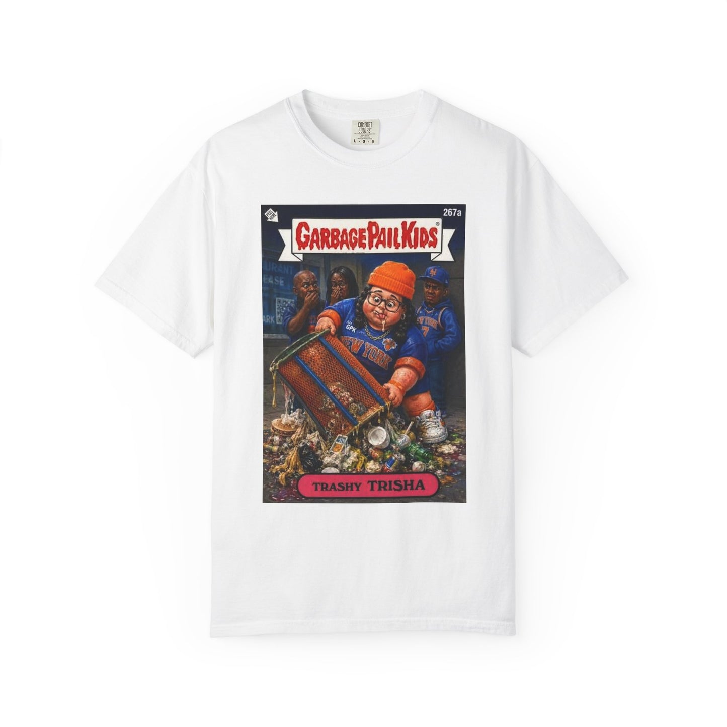 Trashy Trisha Garbage Pail Kids parody Knicks t-shirt front view in white