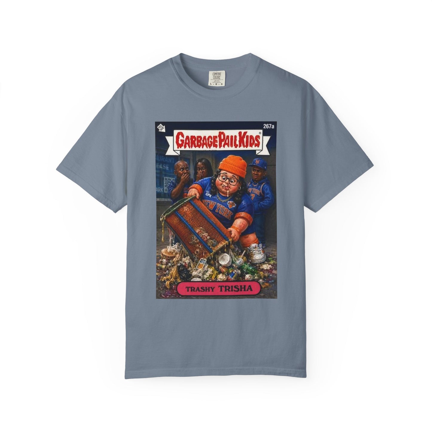 Trashy Trisha Garbage Pail Kids parody Knicks t-shirt front view in blue slate