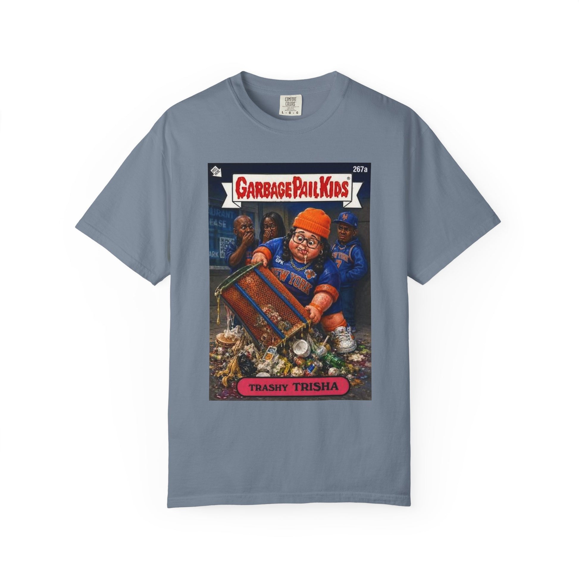 Trashy Trisha Garbage Pail Kids parody Knicks t-shirt front view in blue slate