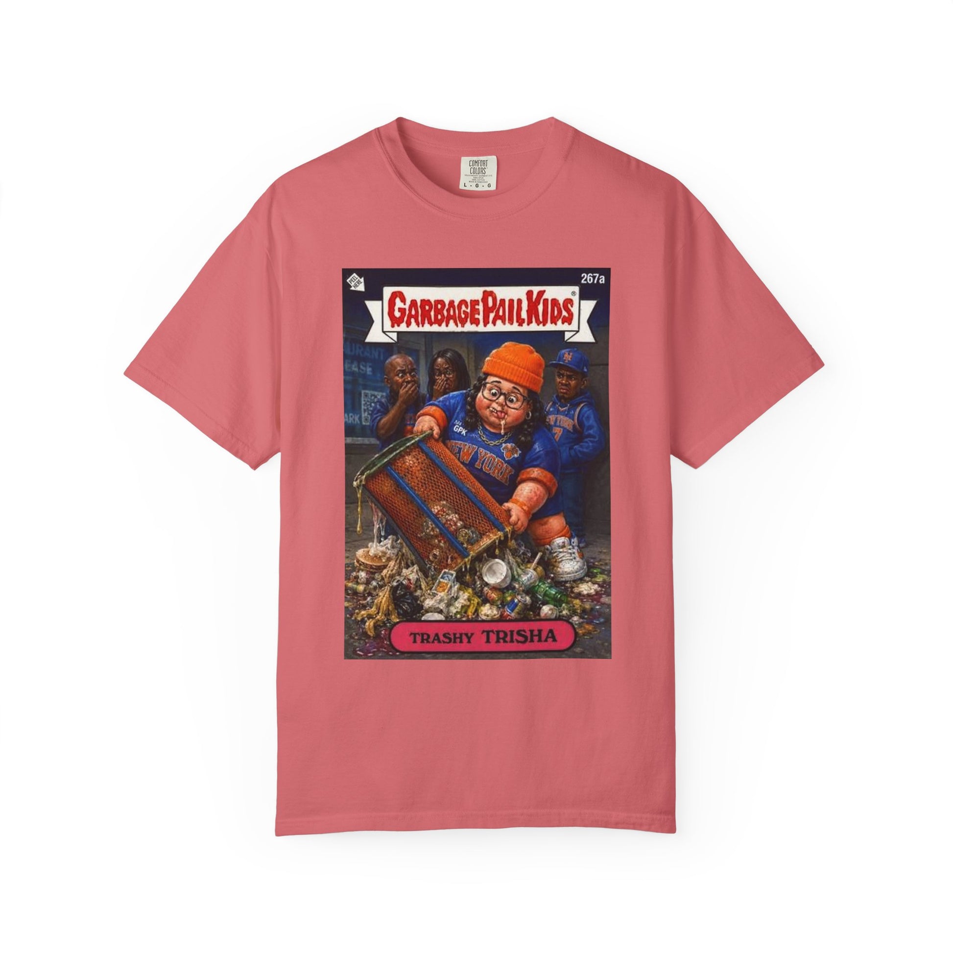 Trashy Trisha Garbage Pail Kids parody Knicks t-shirt front view in coral pink