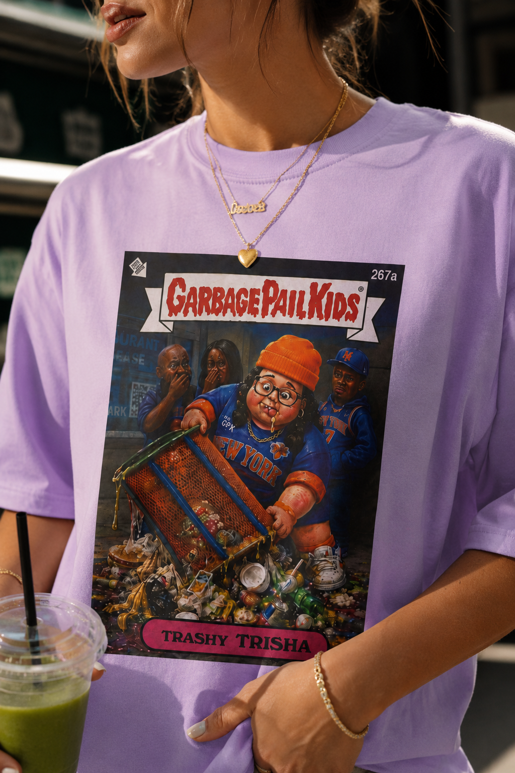 Female model wearing lavender Trashy Trisha Knicks parody t-shirt