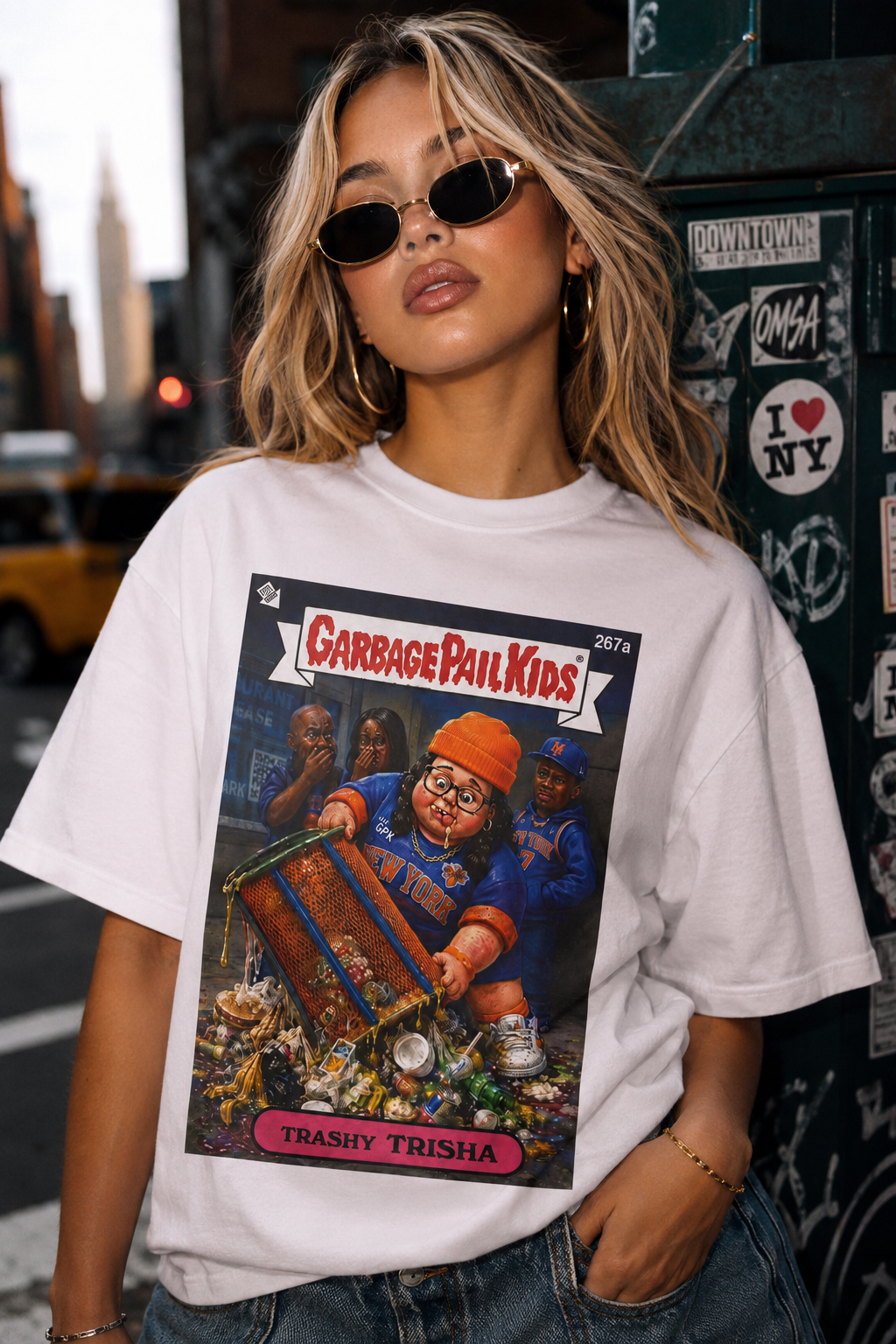 Female model wearing Trashy Trisha Garbage Pail Kids parody Knicks t-shirt in New York street
