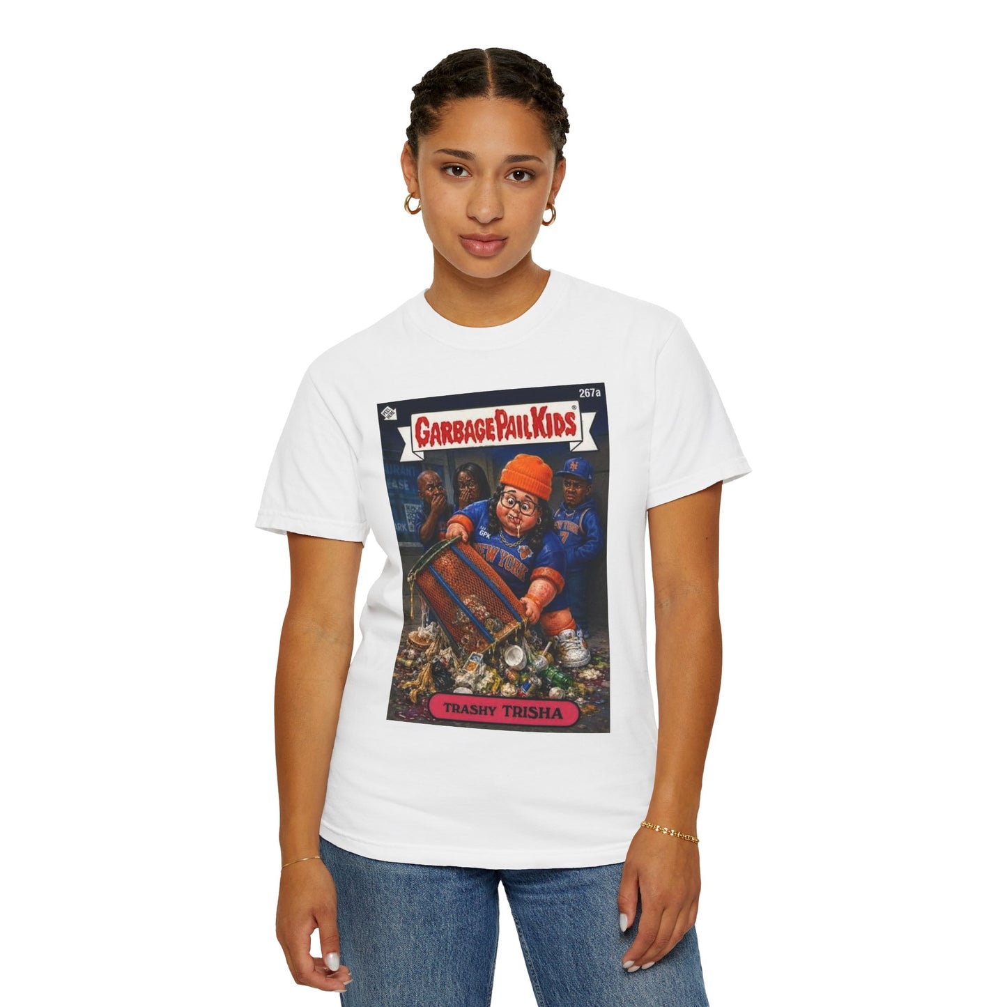 Female model wearing Trashy Trisha Knicks parody t-shirt in studio