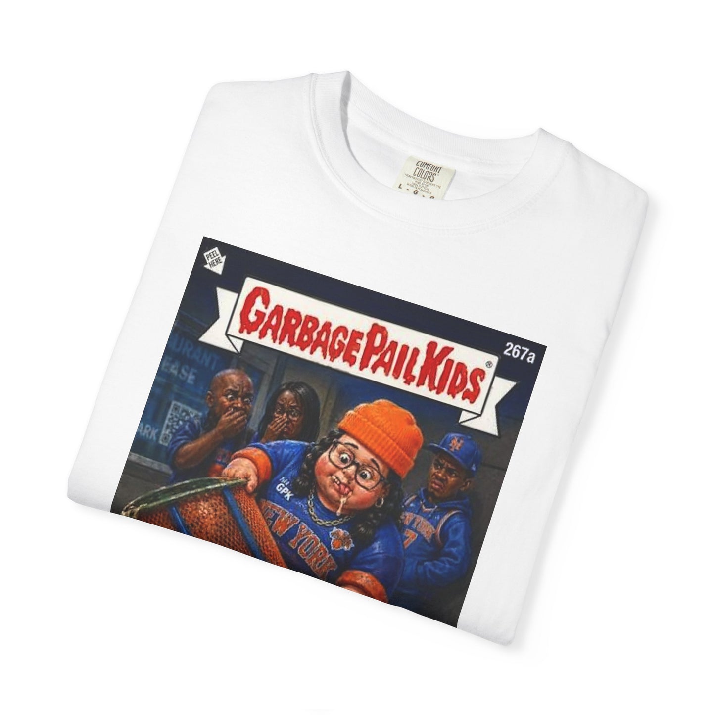 Folded Trashy Trisha Garbage Pail Kids parody Knicks t-shirt detail